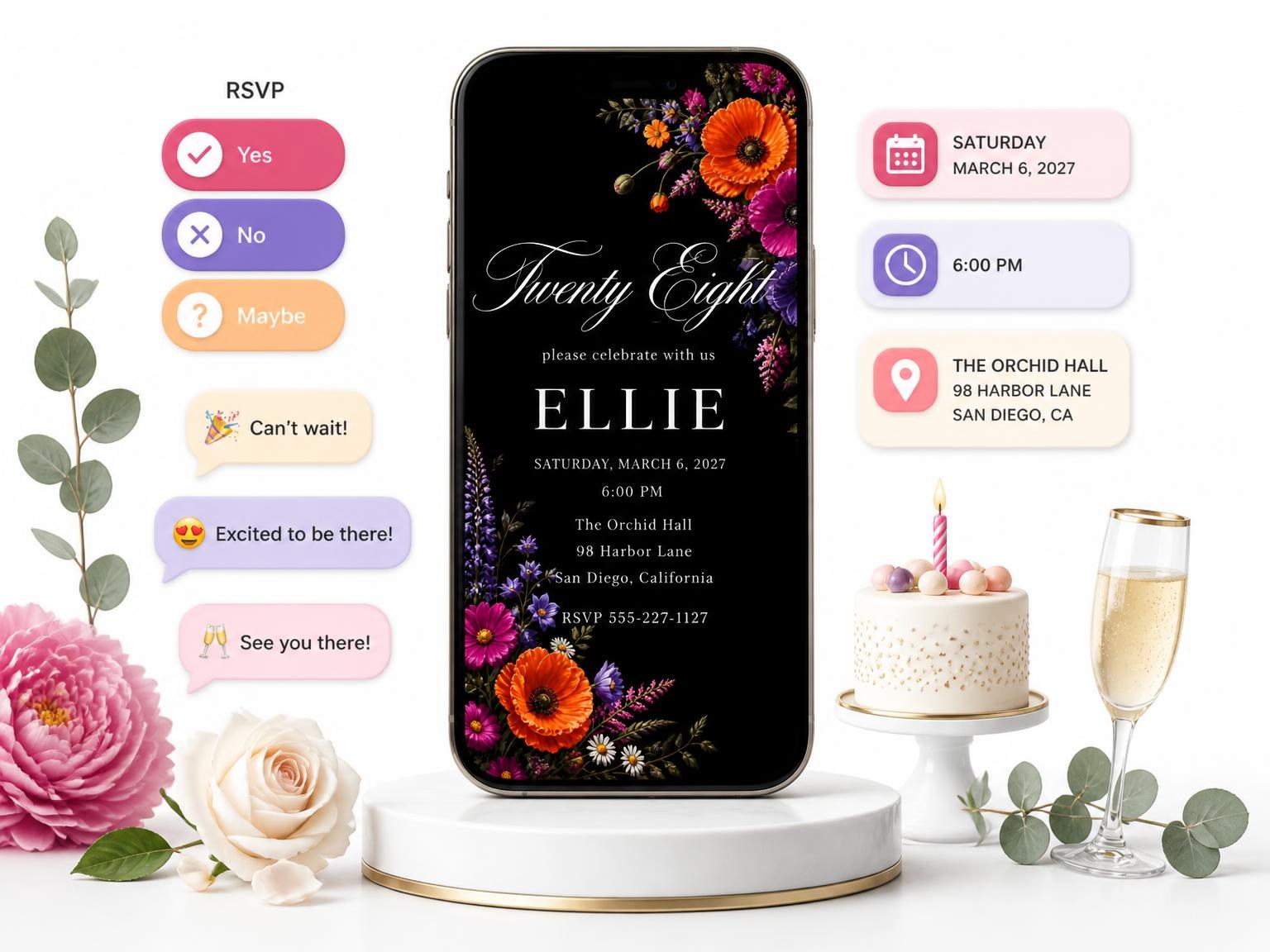 The Black Floral 28th Birthday Invitation invitation on a phone, with guest RSVPs arriving around it