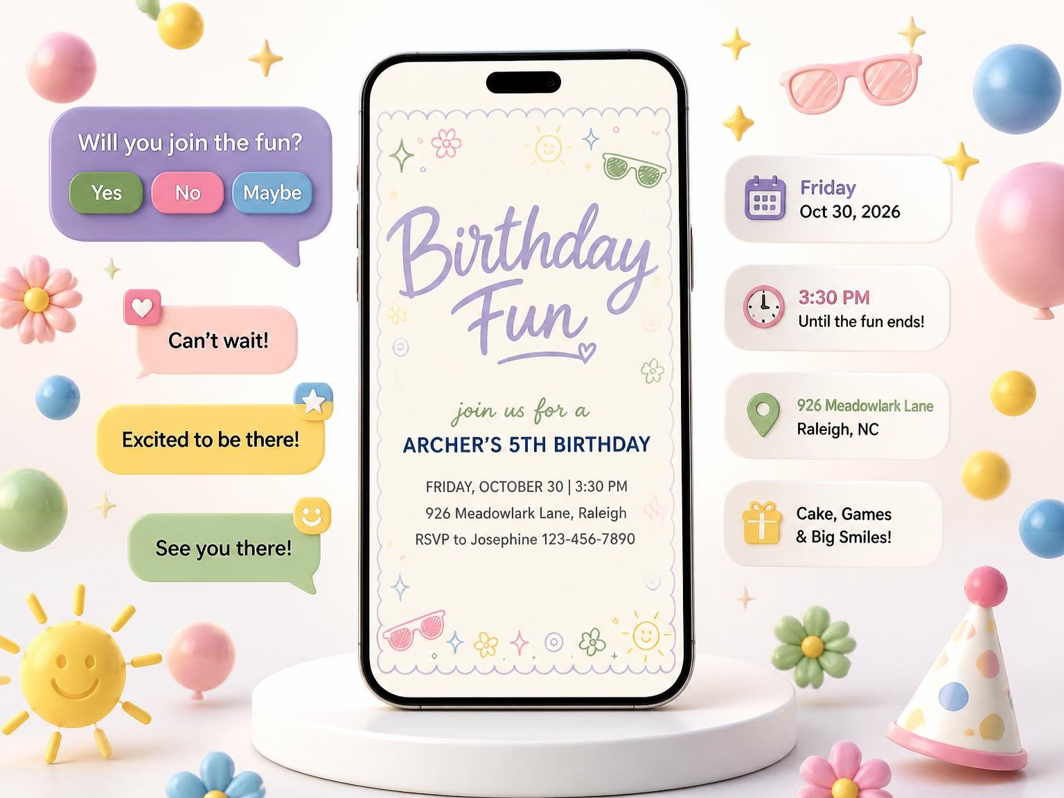 The Doodle Motif Pastel 5th Birthday invitation on a phone, with guest RSVPs arriving around it