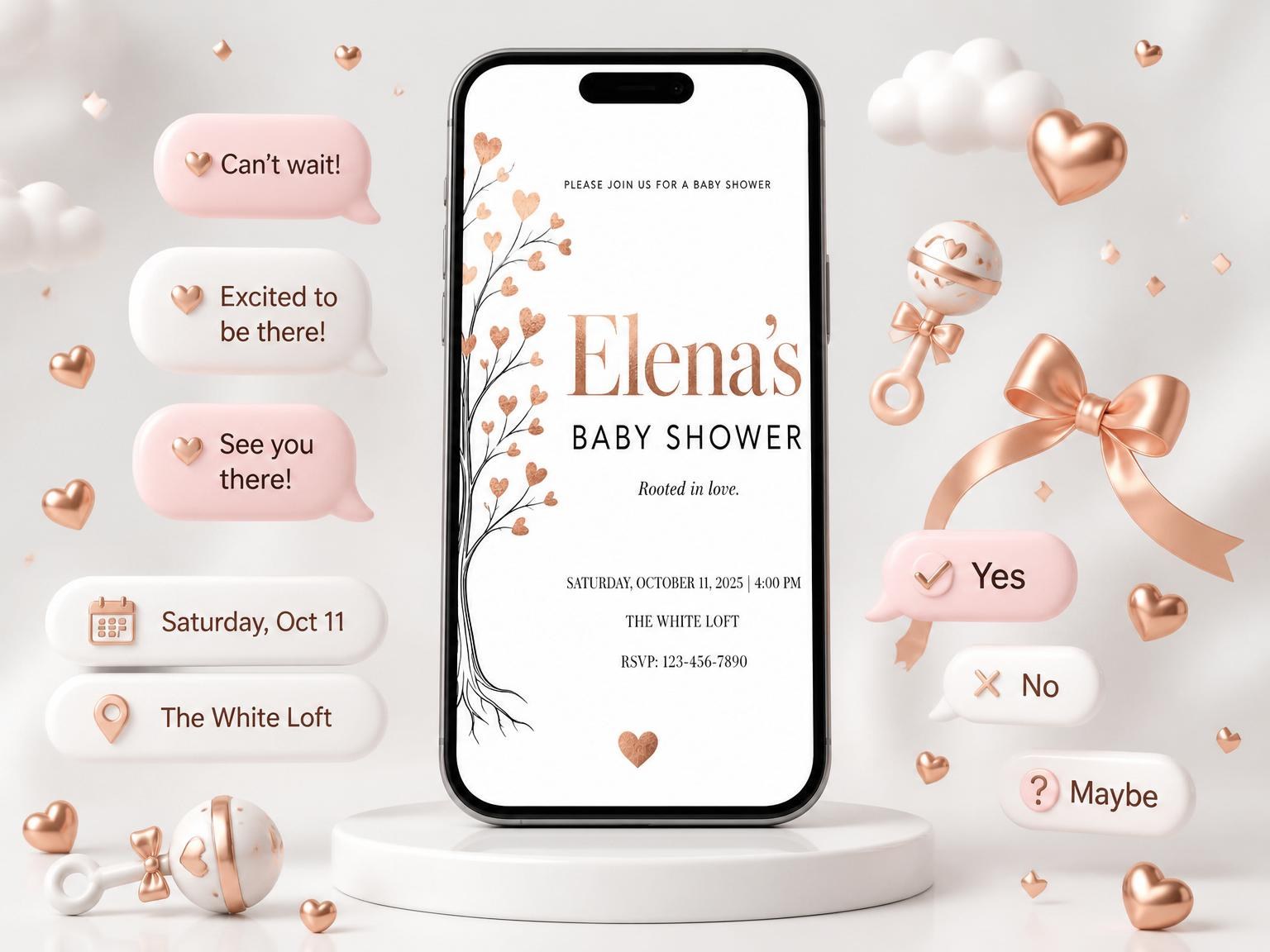 The Rose Gold Heart Tree Baby Shower invitation on a phone, with guest RSVPs arriving around it