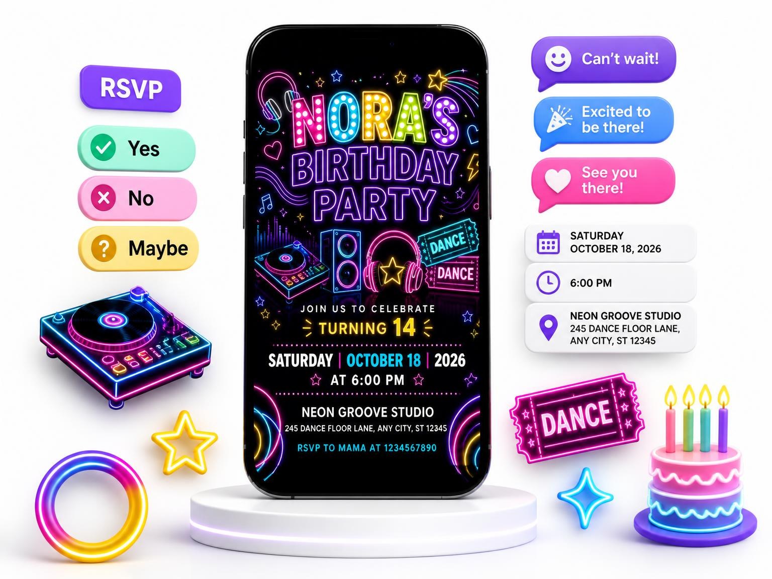 The Neon Dance Party 14th Birthday Invitation invitation on a phone, with guest RSVPs arriving around it