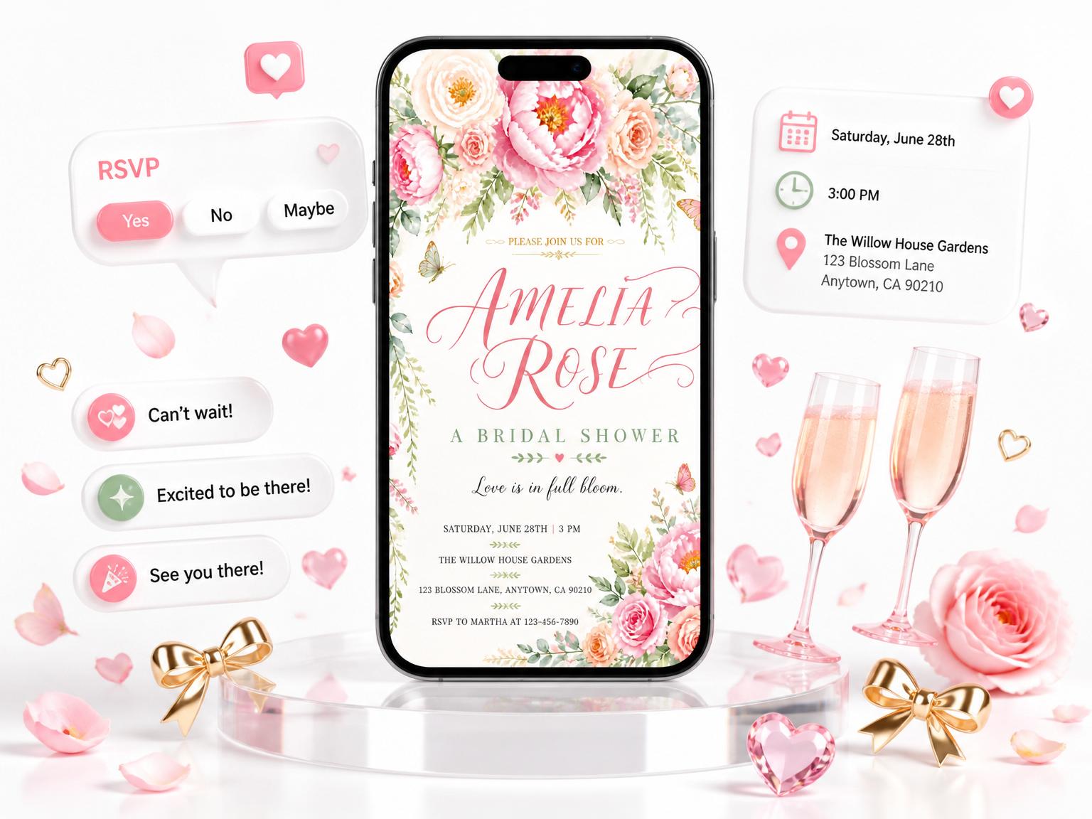 The Floral Bridal Shower invitation on a phone, with guest RSVPs arriving around it