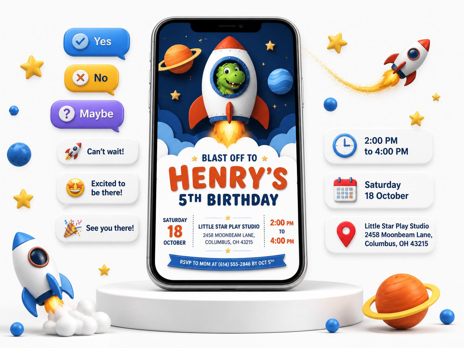 The Dino Astronaut Rocket Ship 5th Birthday invitation on a phone, with guest RSVPs arriving around it