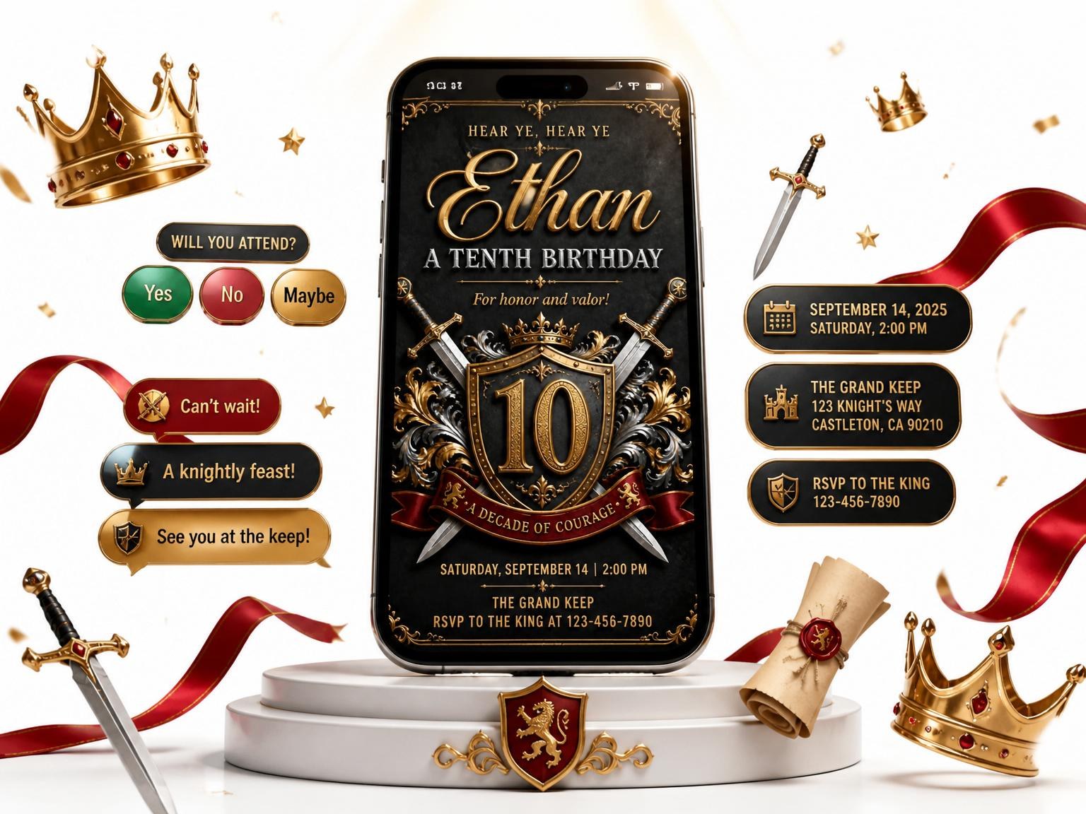 The Gold Foil Medieval Crest 10th Birthday invitation on a phone, with guest RSVPs arriving around it