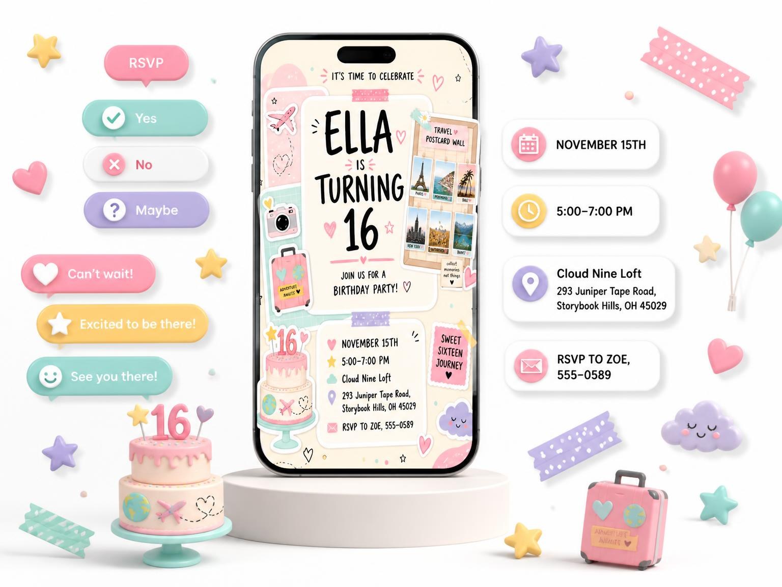 The Cards Pastel Scrapbook 16th Birthday Invitation invitation on a phone, with guest RSVPs arriving around it