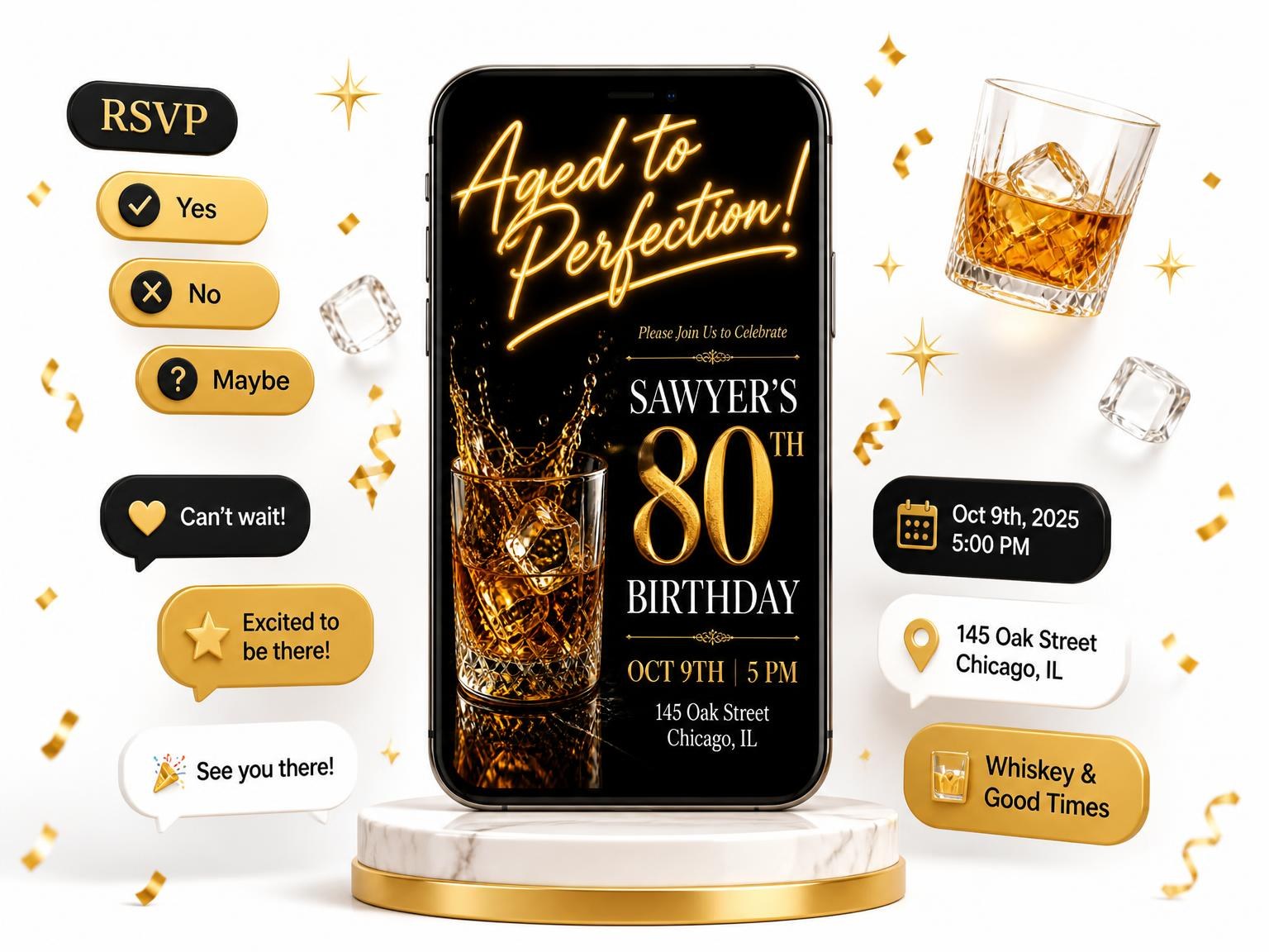 The Whiskey Glass 80th Birthday Invitation invitation on a phone, with guest RSVPs arriving around it