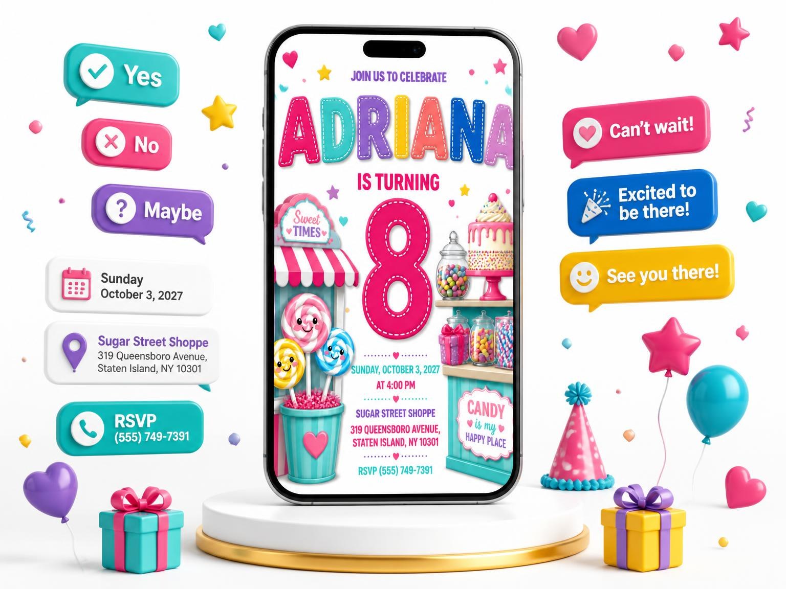 The Display Counter 8th Birthday Invitation invitation on a phone, with guest RSVPs arriving around it