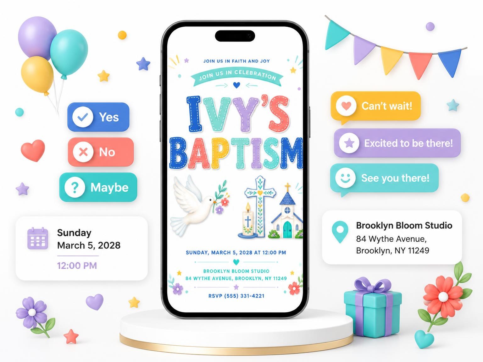 The Dove And Cross Baptism Invitation invitation on a phone, with guest RSVPs arriving around it