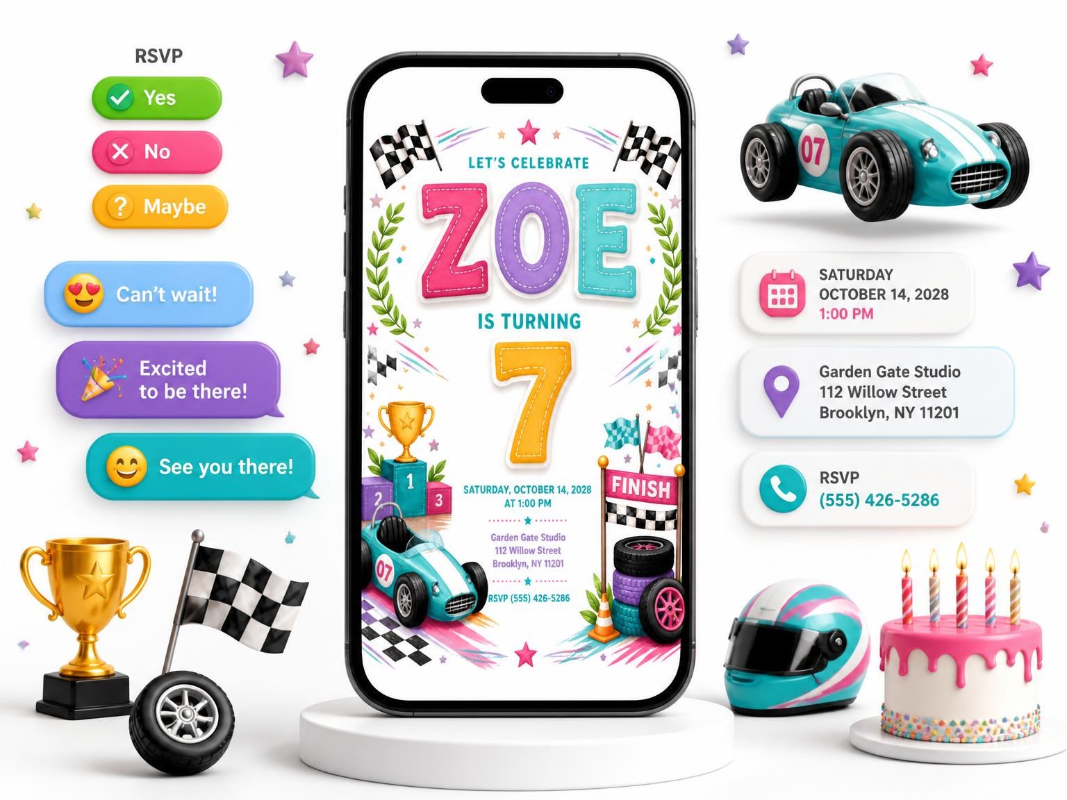 The Stitched Race Car 7th Birthday Invitation invitation on a phone, with guest RSVPs arriving around it
