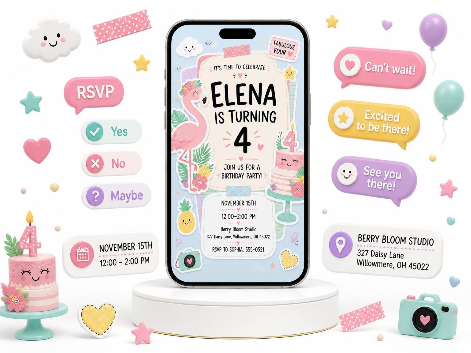 The Pink Flamingo Pastel 4th Birthday Invitation invitation on a phone, with guest RSVPs arriving around it
