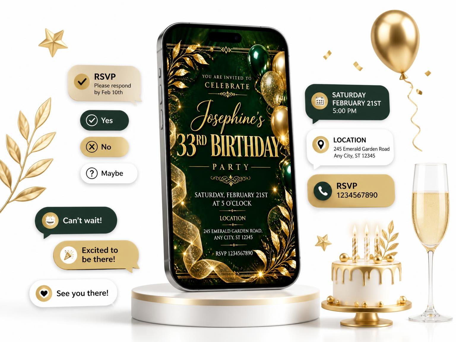 The Emerald and Champagne 33rd Birthday Invitation invitation on a phone, with guest RSVPs arriving around it