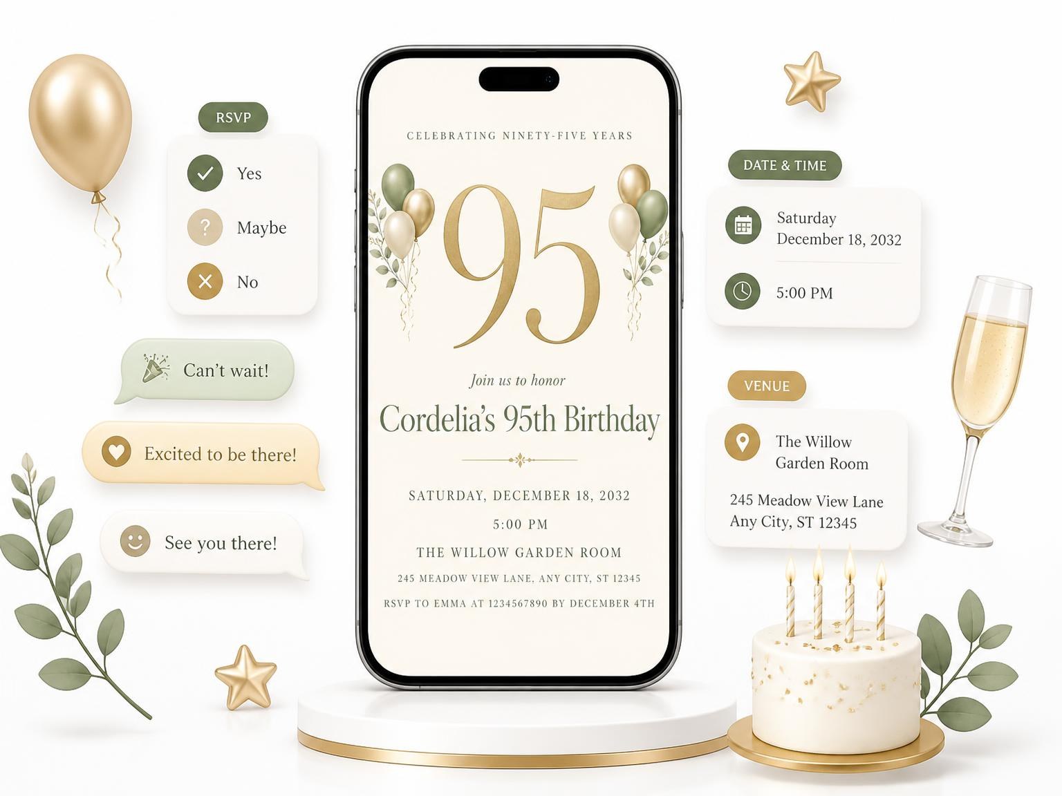The Sage and Ivory 95th Birthday Invitation invitation on a phone, with guest RSVPs arriving around it