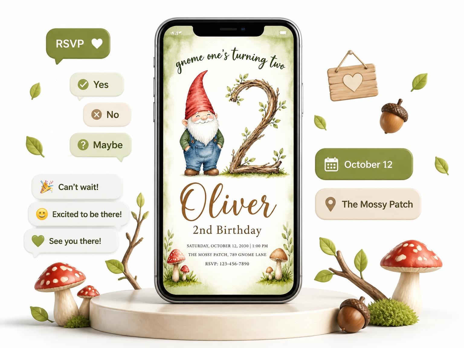 The Watercolor Gnome Woodland 2nd Birthday invitation on a phone, with guest RSVPs arriving around it