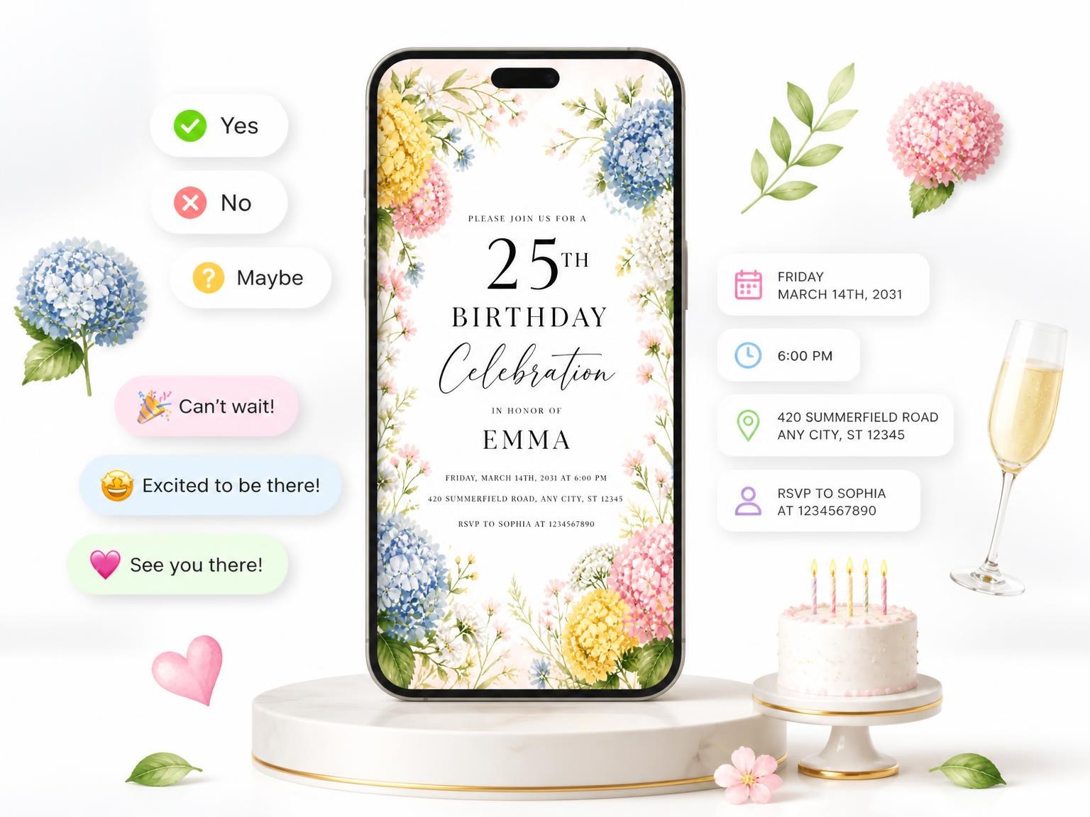 The Hydrangeas Wildflowers 25th Birthday Invitation invitation on a phone, with guest RSVPs arriving around it