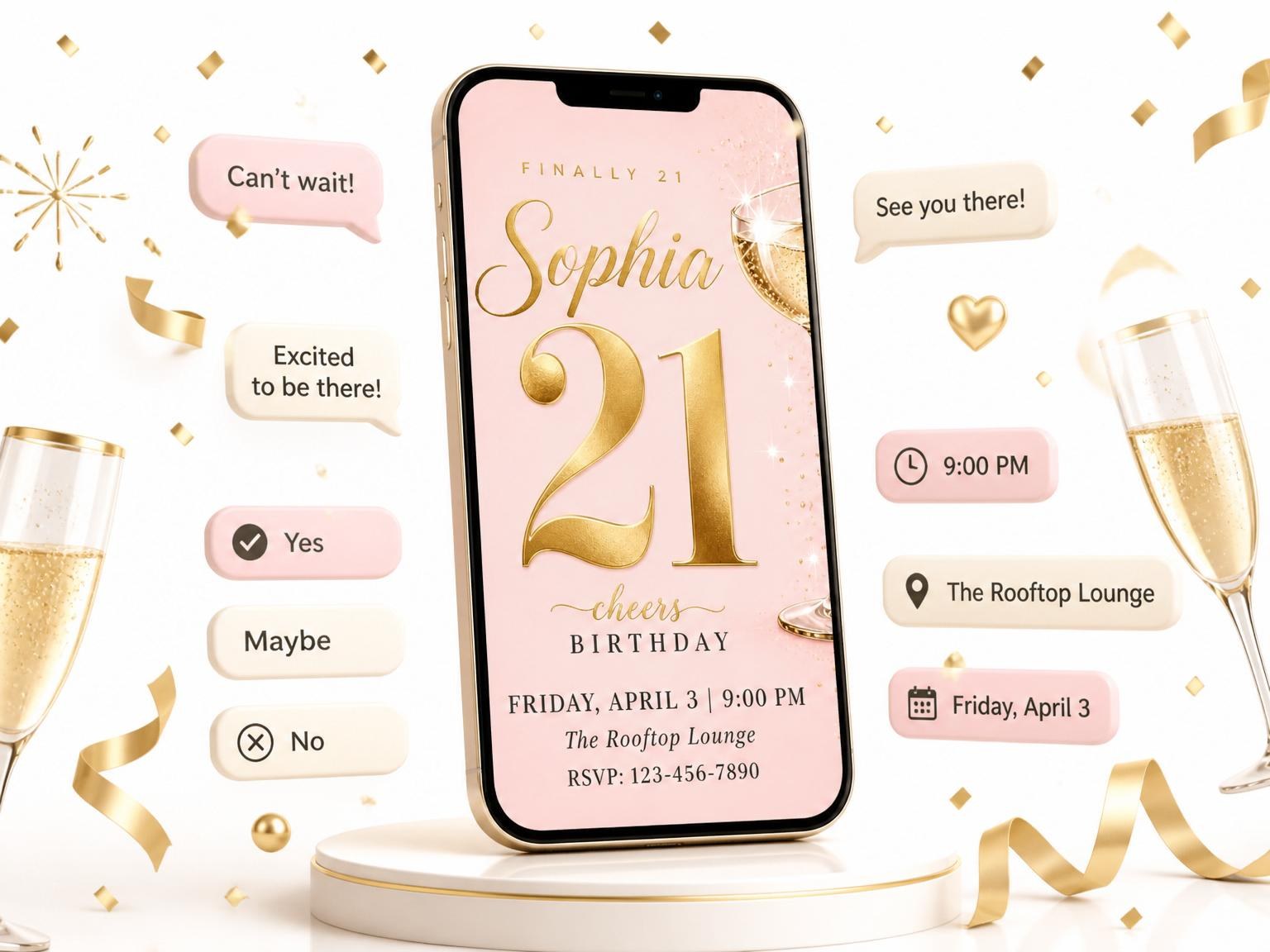 The Gold Champagne 21st Birthday invitation on a phone, with guest RSVPs arriving around it
