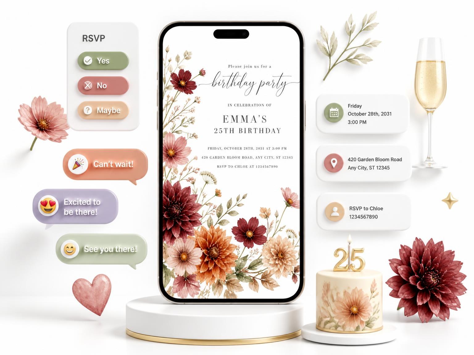The Botanical Floral Autumn 25th Birthday Invitation invitation on a phone, with guest RSVPs arriving around it