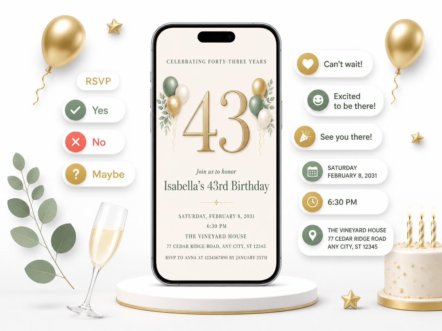 The Sage and Ivory 43rd Birthday Invitation invitation on a phone, with guest RSVPs arriving around it