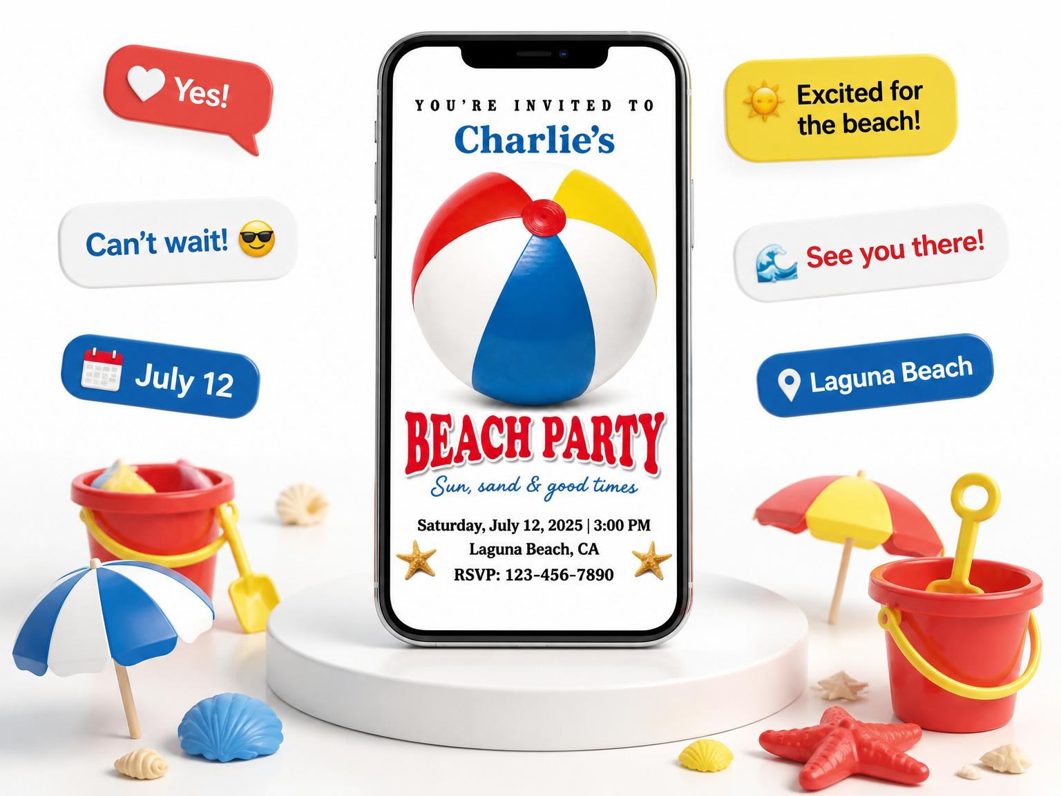 The Beach Ball Beach Party Invitation invitation on a phone, with guest RSVPs arriving around it