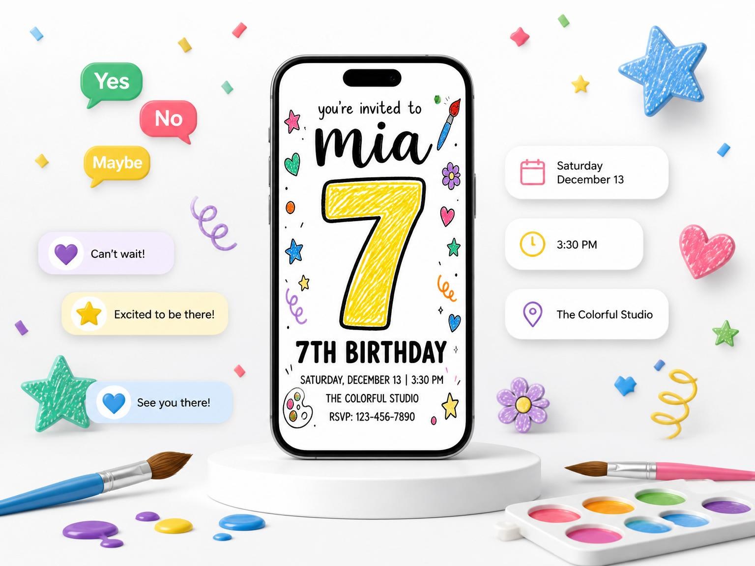 The Crayon Doodle Art 7th Birthday invitation on a phone, with guest RSVPs arriving around it