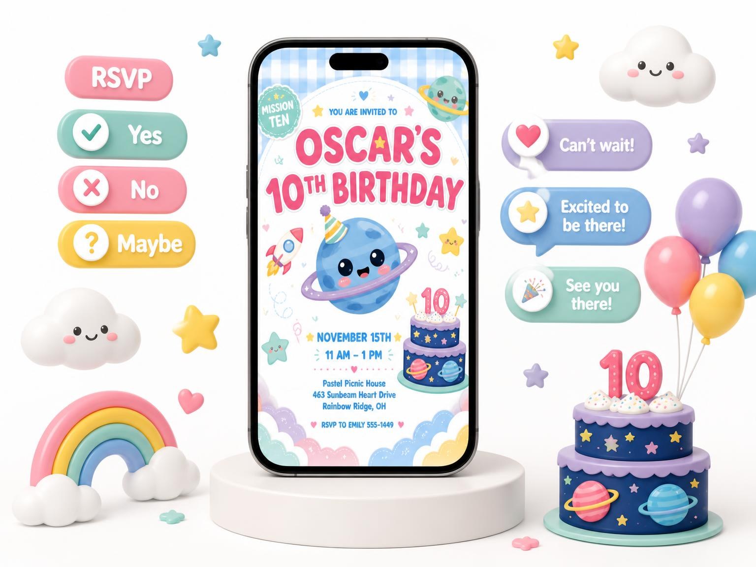 The Rocket Ship Kawaii 10th Birthday Invitation invitation on a phone, with guest RSVPs arriving around it