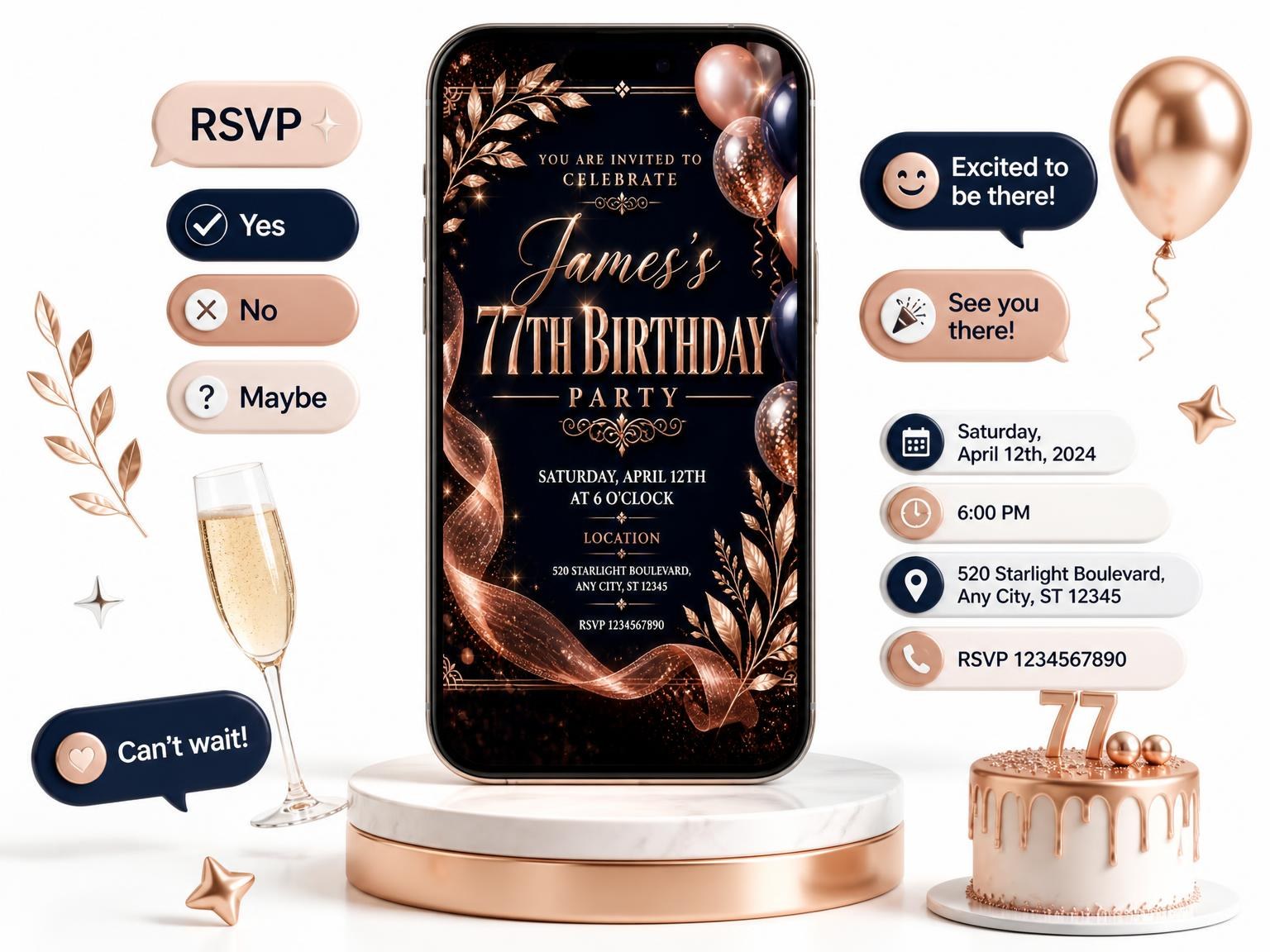 The Navy and Rose Gold 77th Birthday Invitation invitation on a phone, with guest RSVPs arriving around it