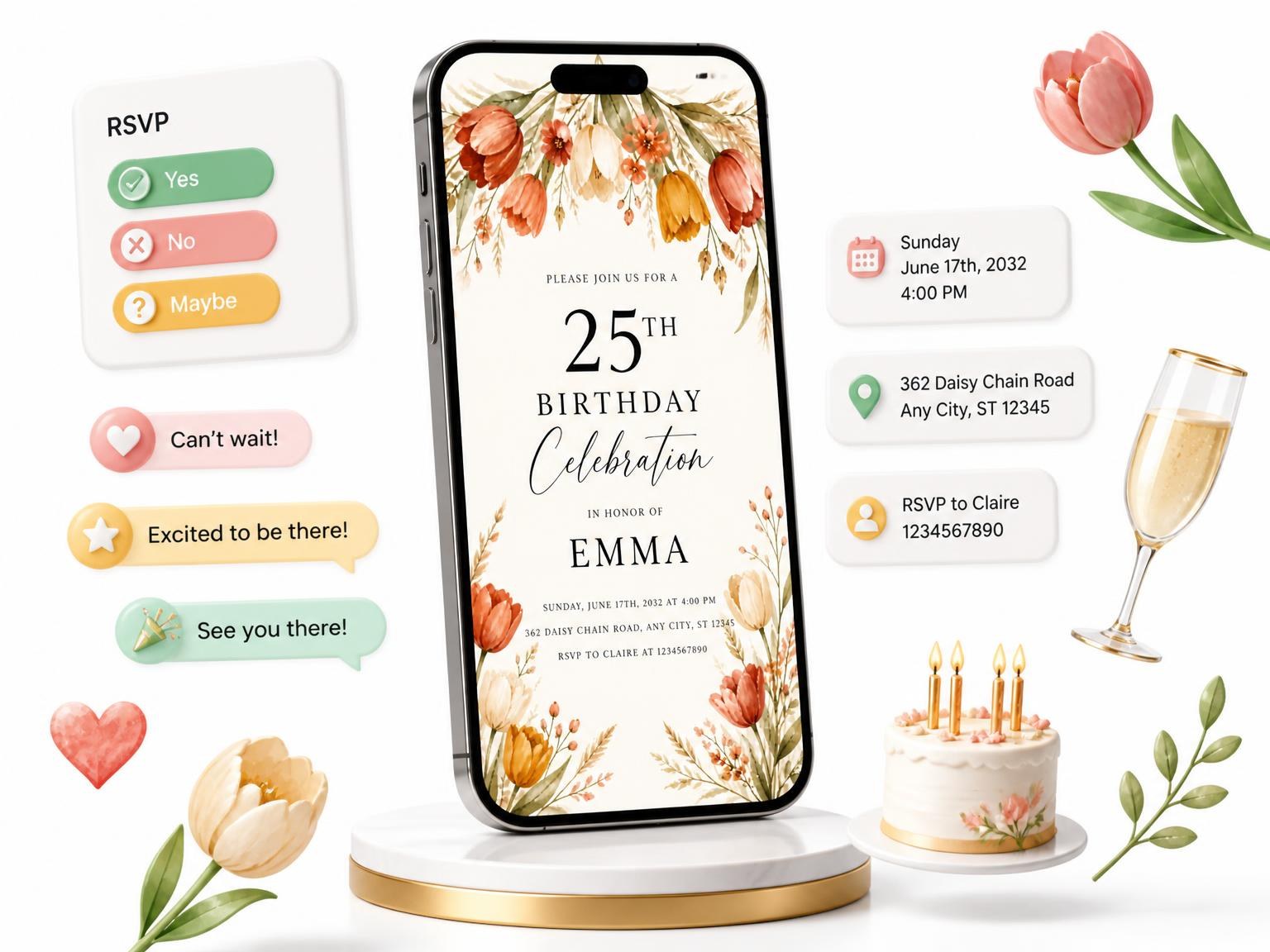 The Terracotta Tulip Arch 25th Birthday Invitation invitation on a phone, with guest RSVPs arriving around it