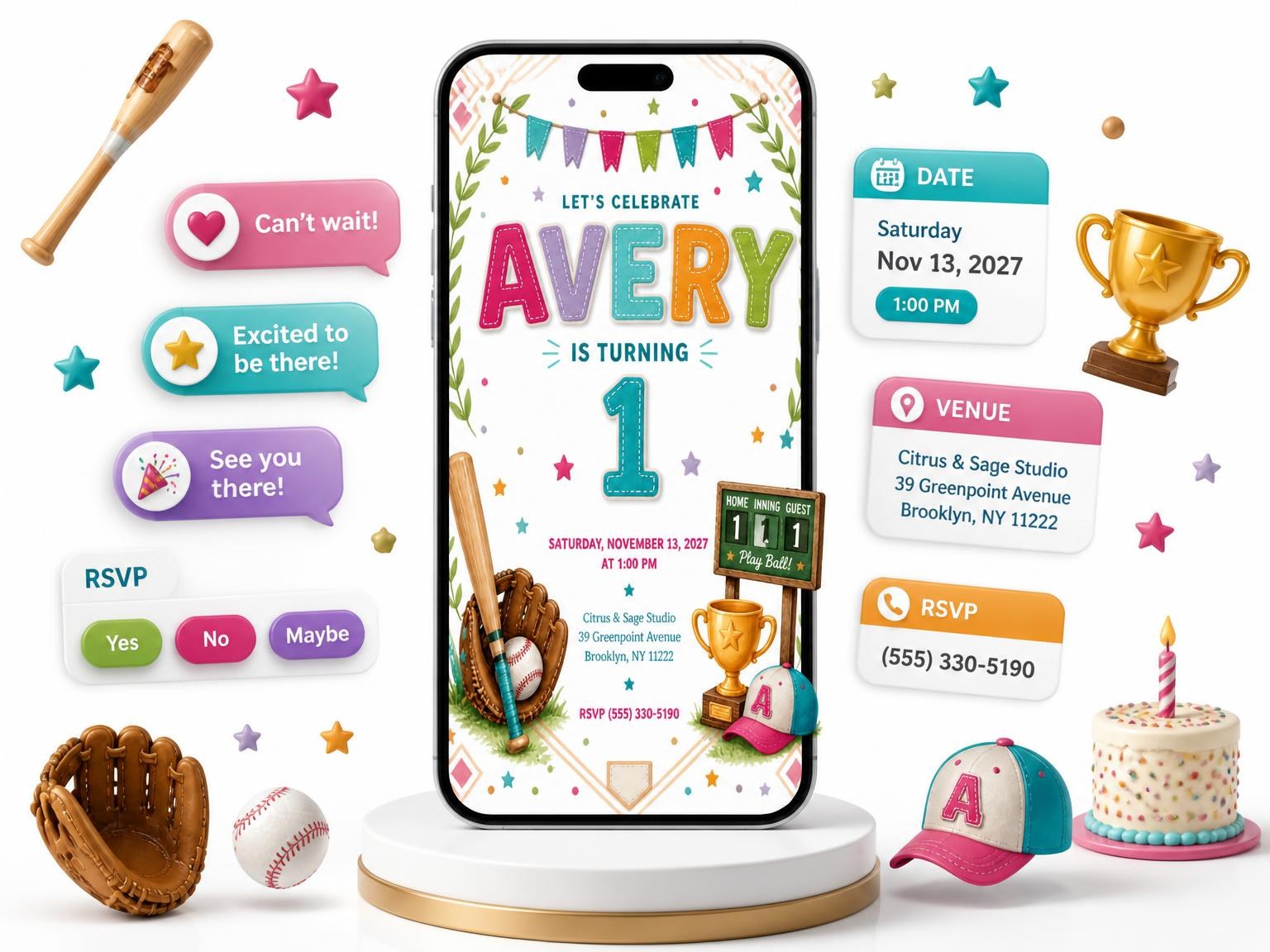 The Stitched Baseball 1st Birthday Invitation invitation on a phone, with guest RSVPs arriving around it