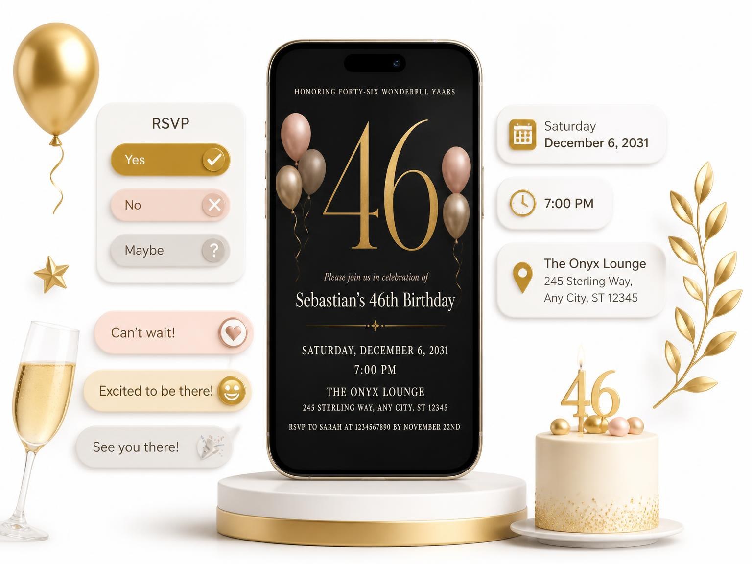 The Charcoal and Blush 46th Birthday Invitation invitation on a phone, with guest RSVPs arriving around it