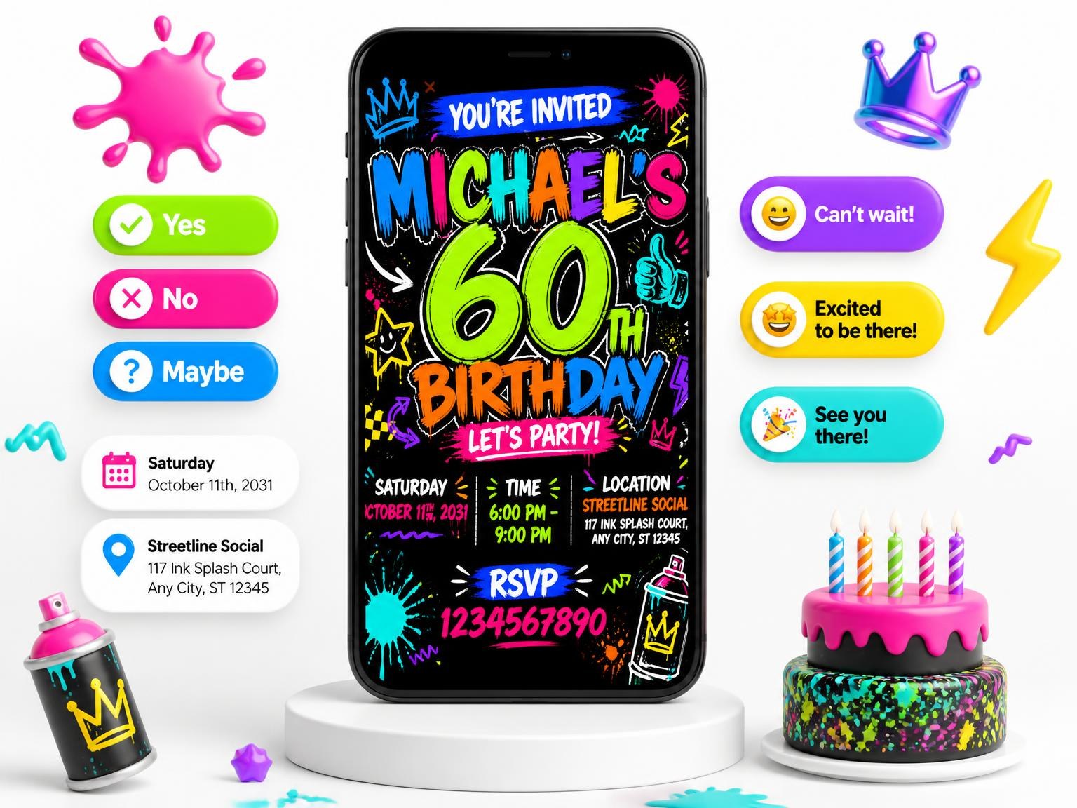 The Graffiti Street Art 60th Birthday Invitation invitation on a phone, with guest RSVPs arriving around it