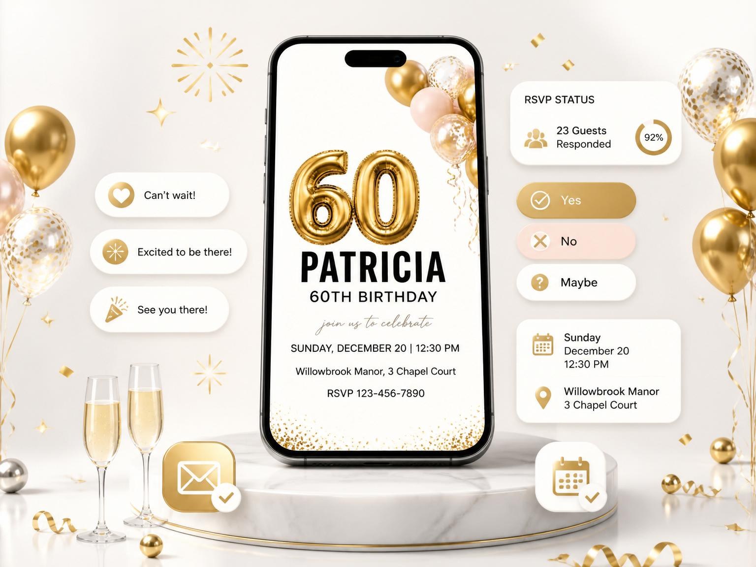 The Metallic Gold Balloon 60th Birthday invitation on a phone, with guest RSVPs arriving around it