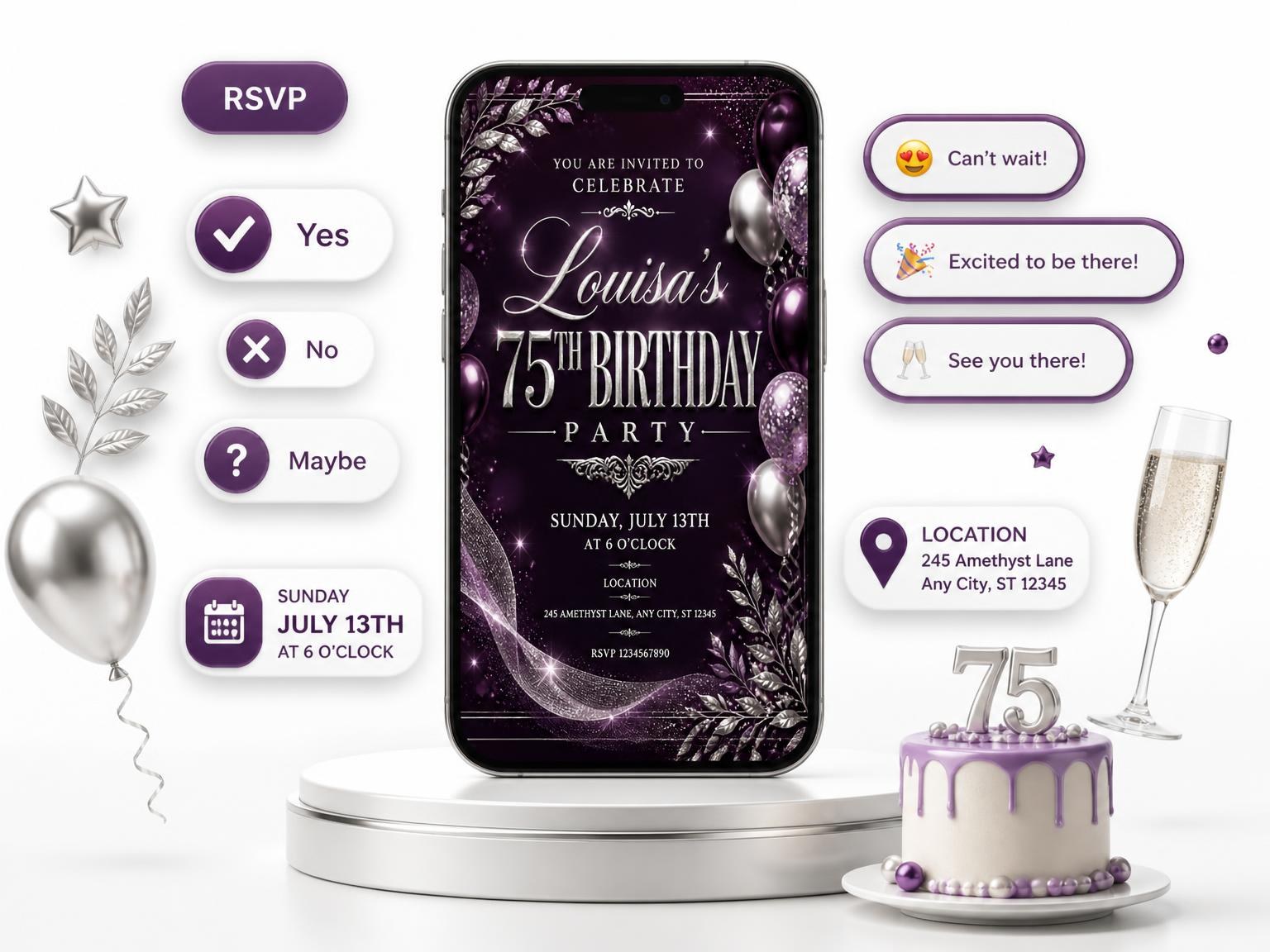 The Plum and Silver 75th Birthday Invitation invitation on a phone, with guest RSVPs arriving around it