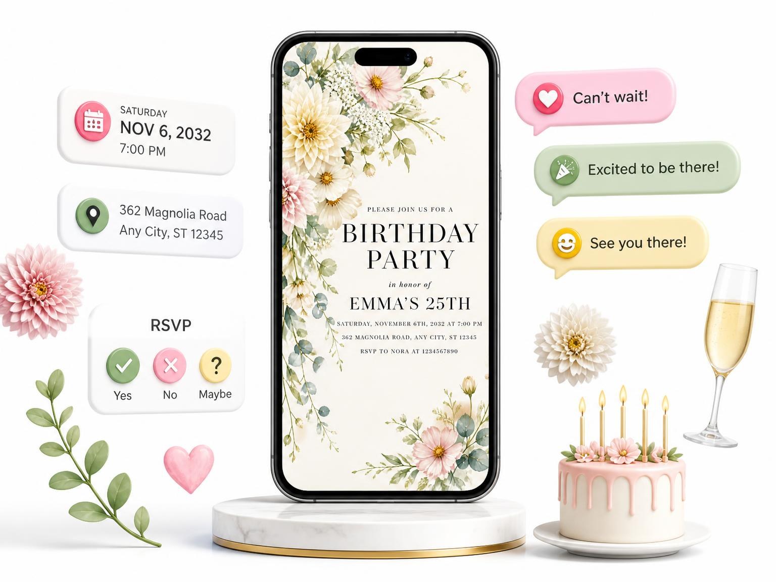 The Floral Sprig Ivory 25th Birthday Invitation invitation on a phone, with guest RSVPs arriving around it