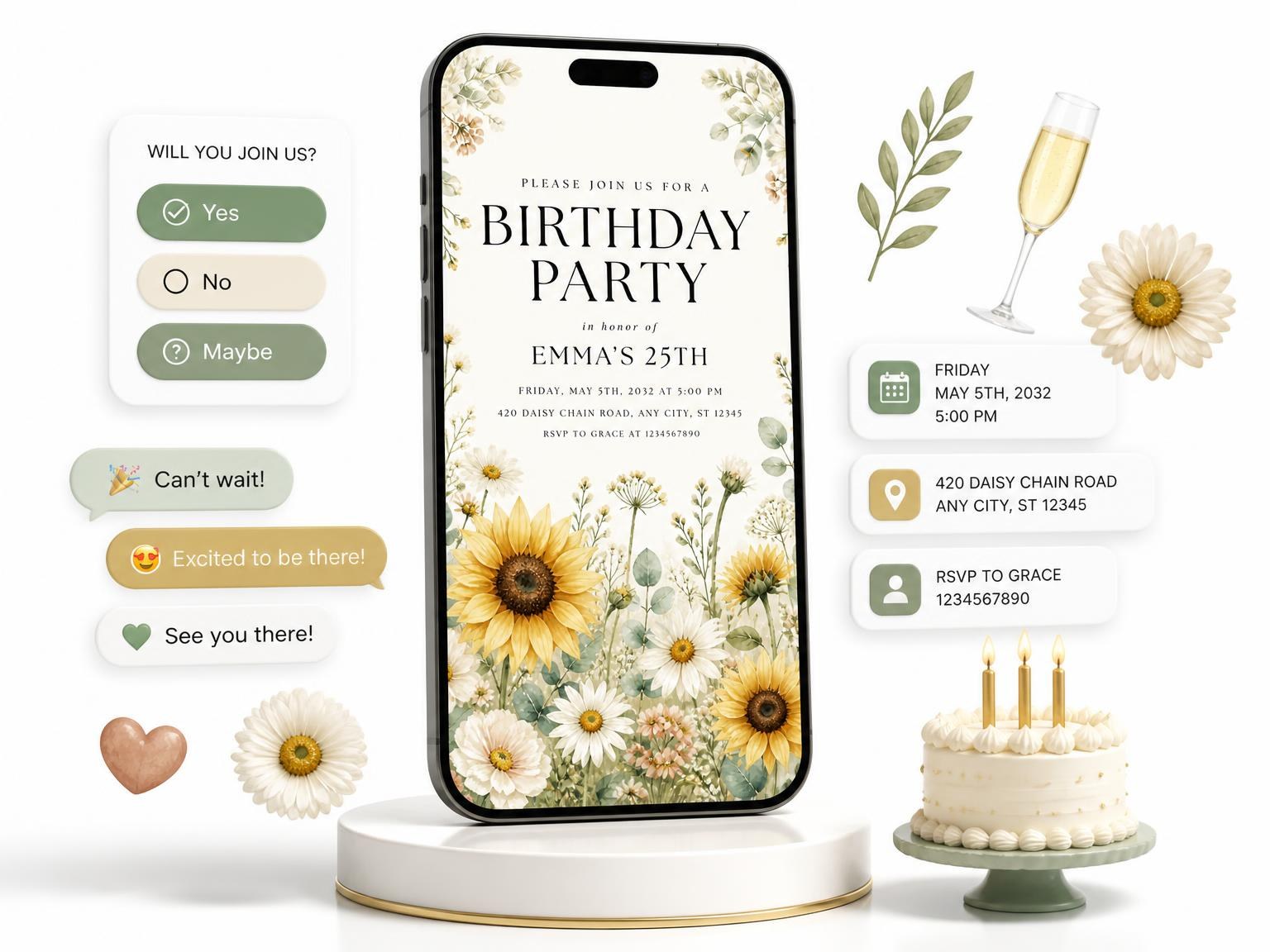 The Sunflower Ivory 25th Birthday Invitation invitation on a phone, with guest RSVPs arriving around it