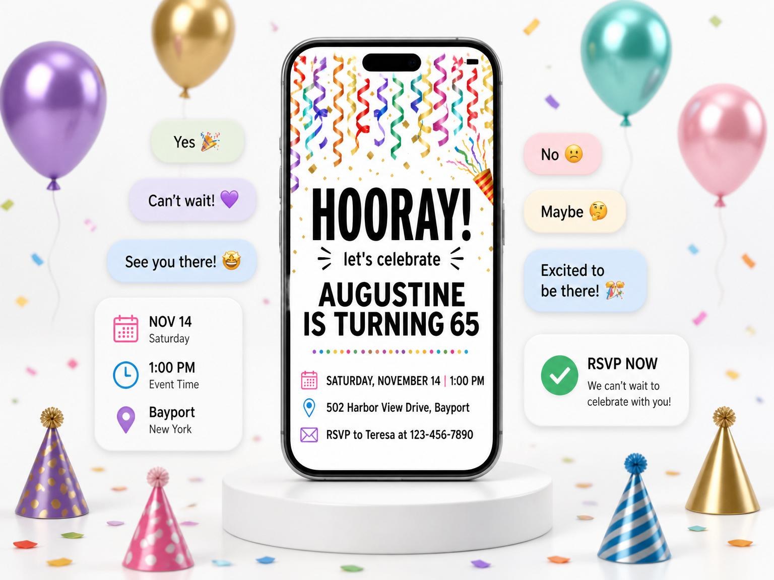 The Colorful Confetti Streamer 65th Birthday invitation on a phone, with guest RSVPs arriving around it