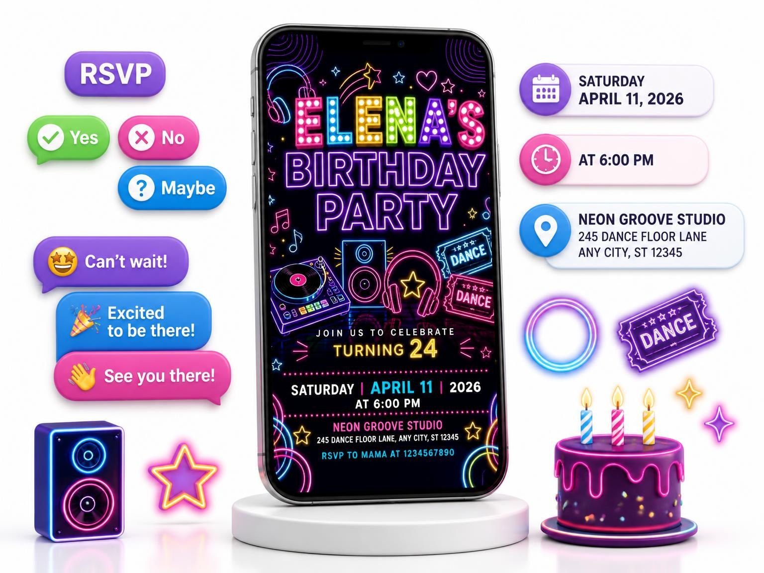 The Neon Dance Party 24th Birthday Invitation invitation on a phone, with guest RSVPs arriving around it