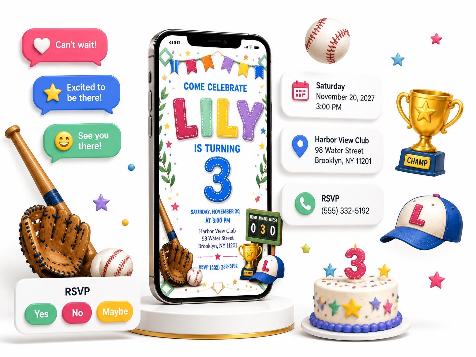 The Stitched Baseball 3rd Birthday Invitation invitation on a phone, with guest RSVPs arriving around it
