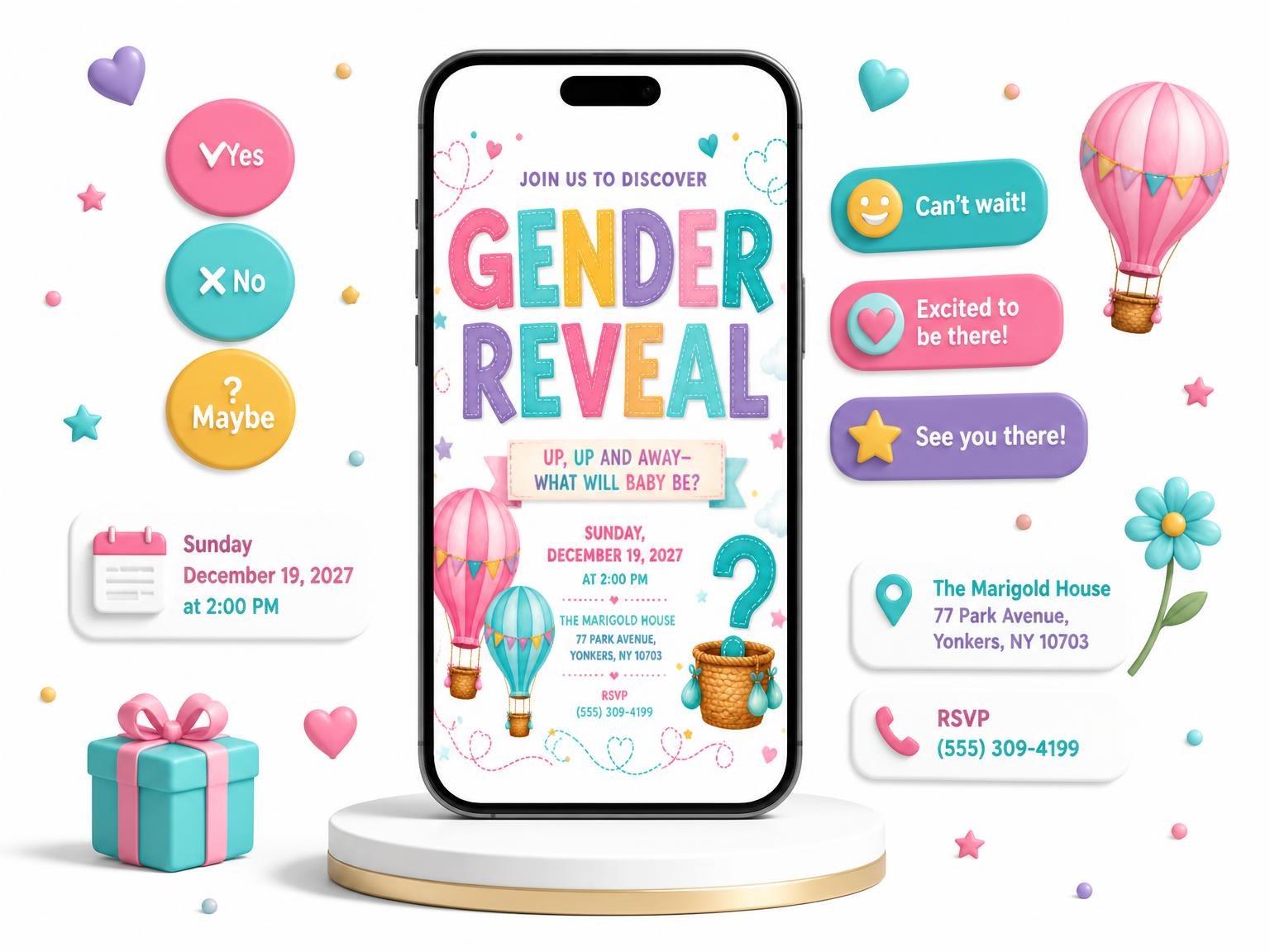 The Hot Air Balloon Gender Reveal Invitation invitation on a phone, with guest RSVPs arriving around it