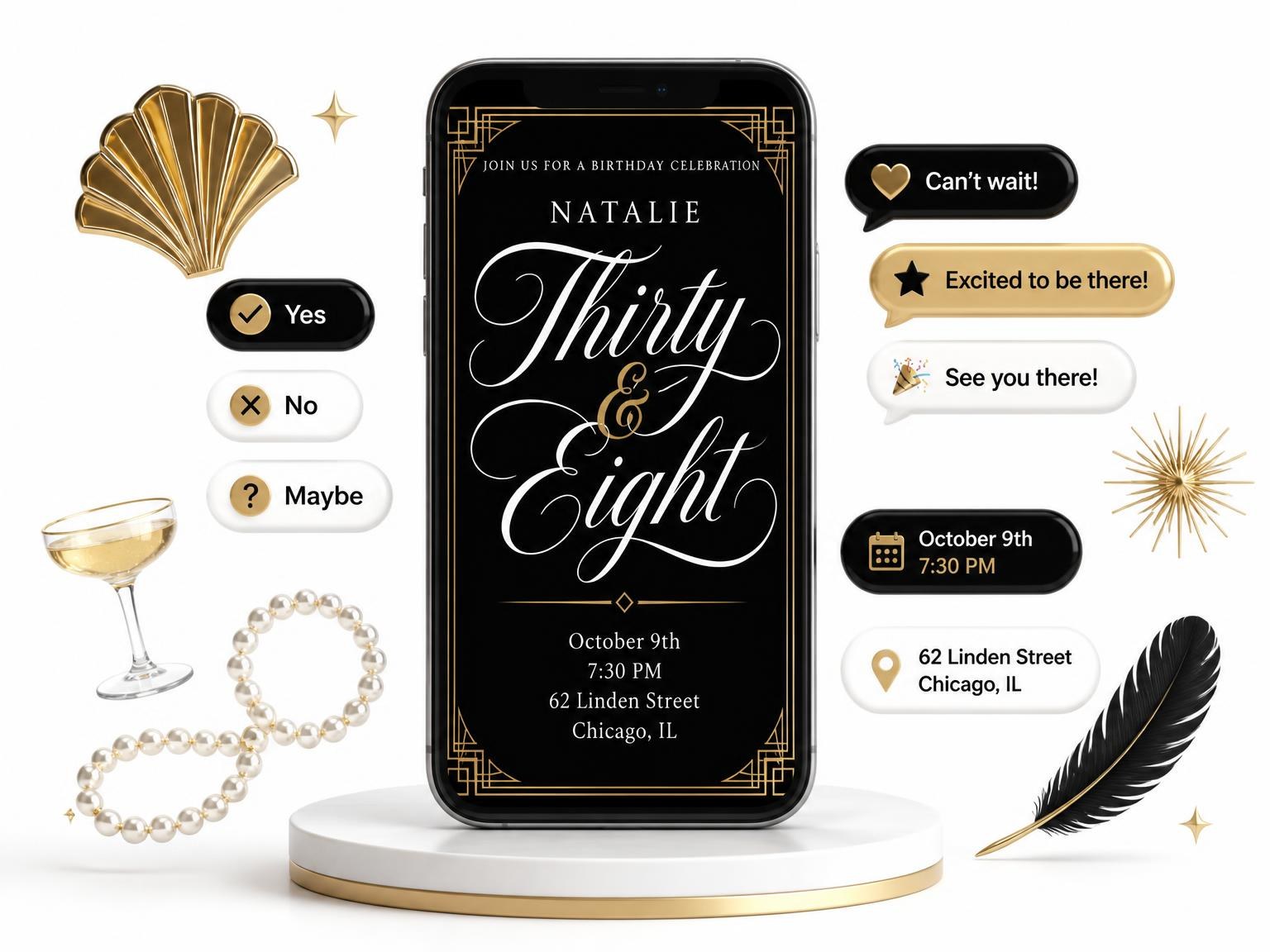 The Art Deco 38th Birthday Invitation invitation on a phone, with guest RSVPs arriving around it