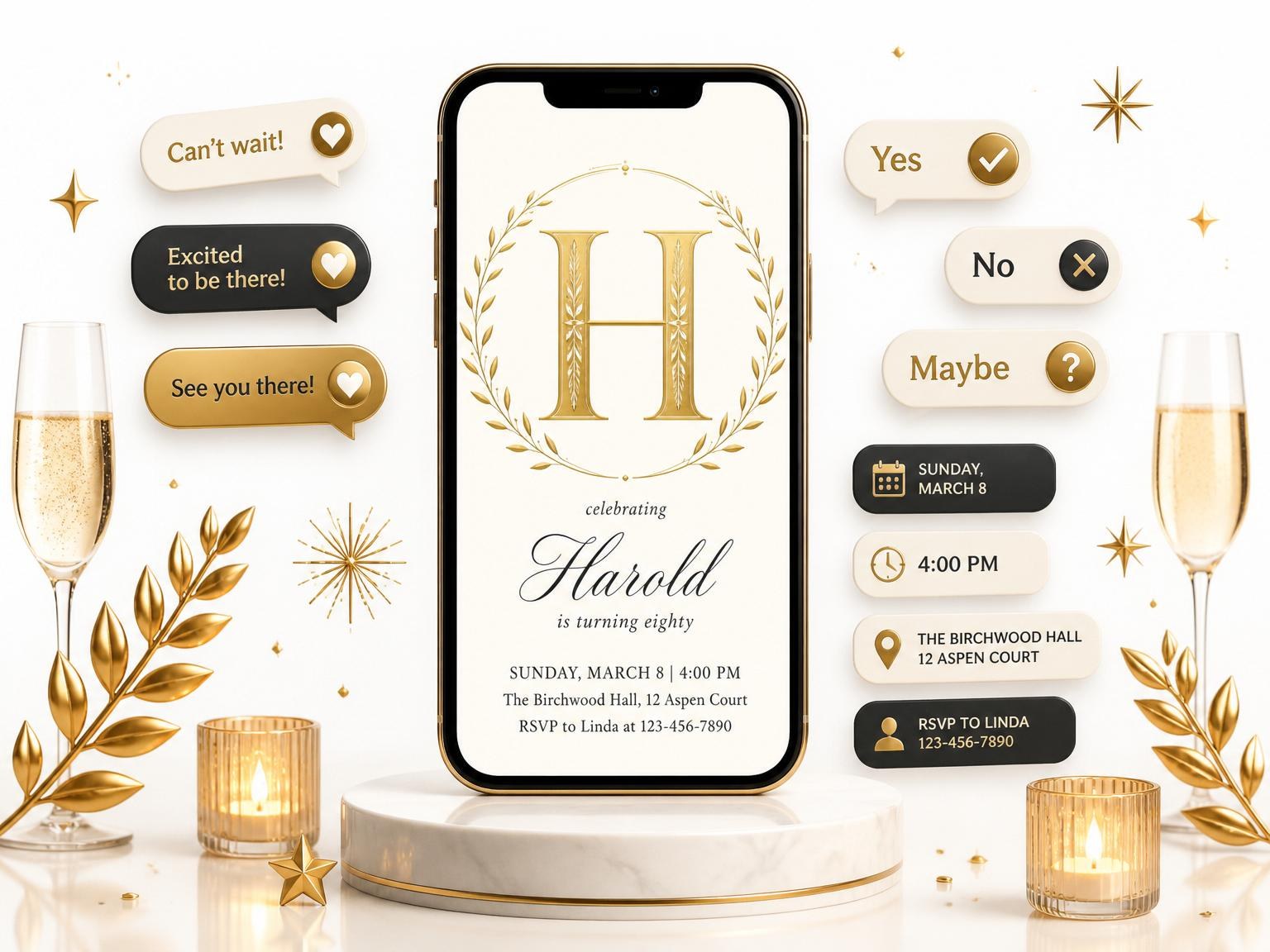 The Gold Laurel Initial 80th Birthday invitation on a phone, with guest RSVPs arriving around it