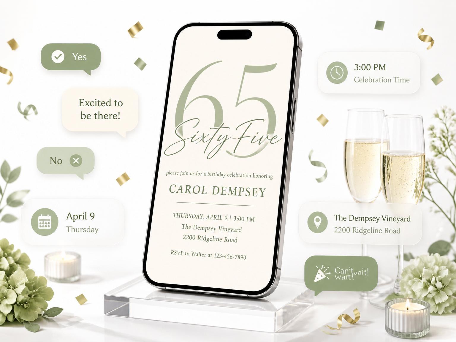 The Sage Green Minimalist 65th Birthday invitation on a phone, with guest RSVPs arriving around it