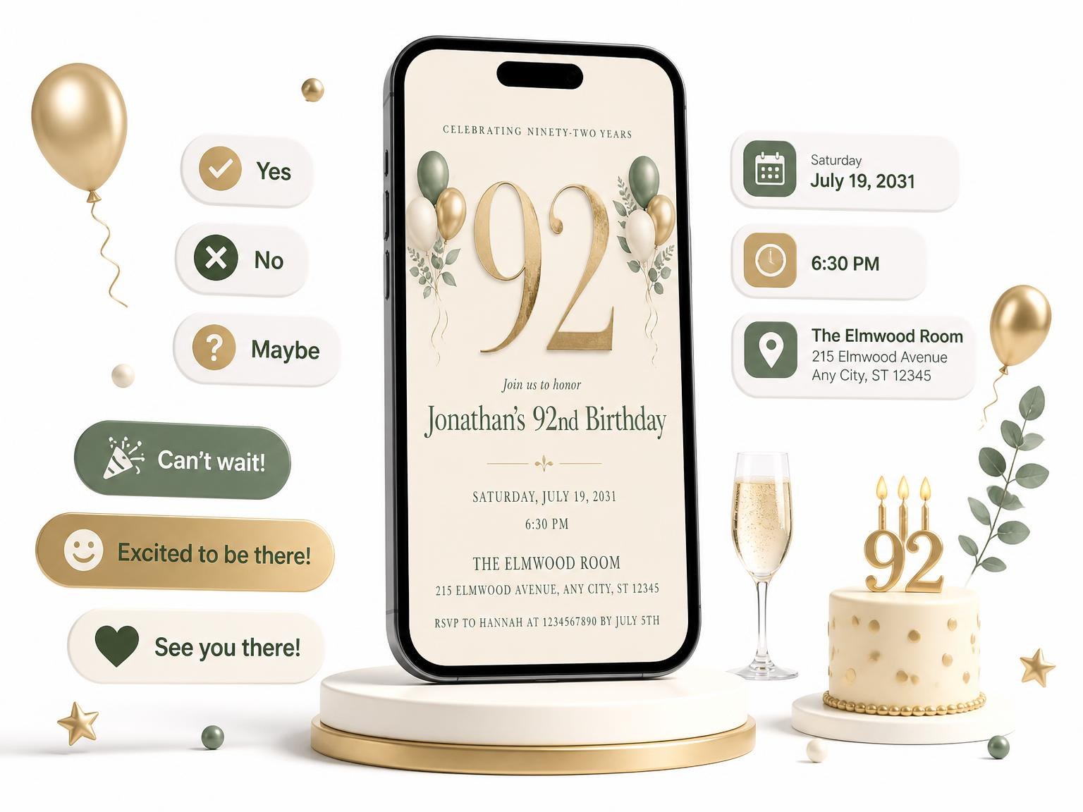 The Sage and Ivory 92nd Birthday Invitation invitation on a phone, with guest RSVPs arriving around it