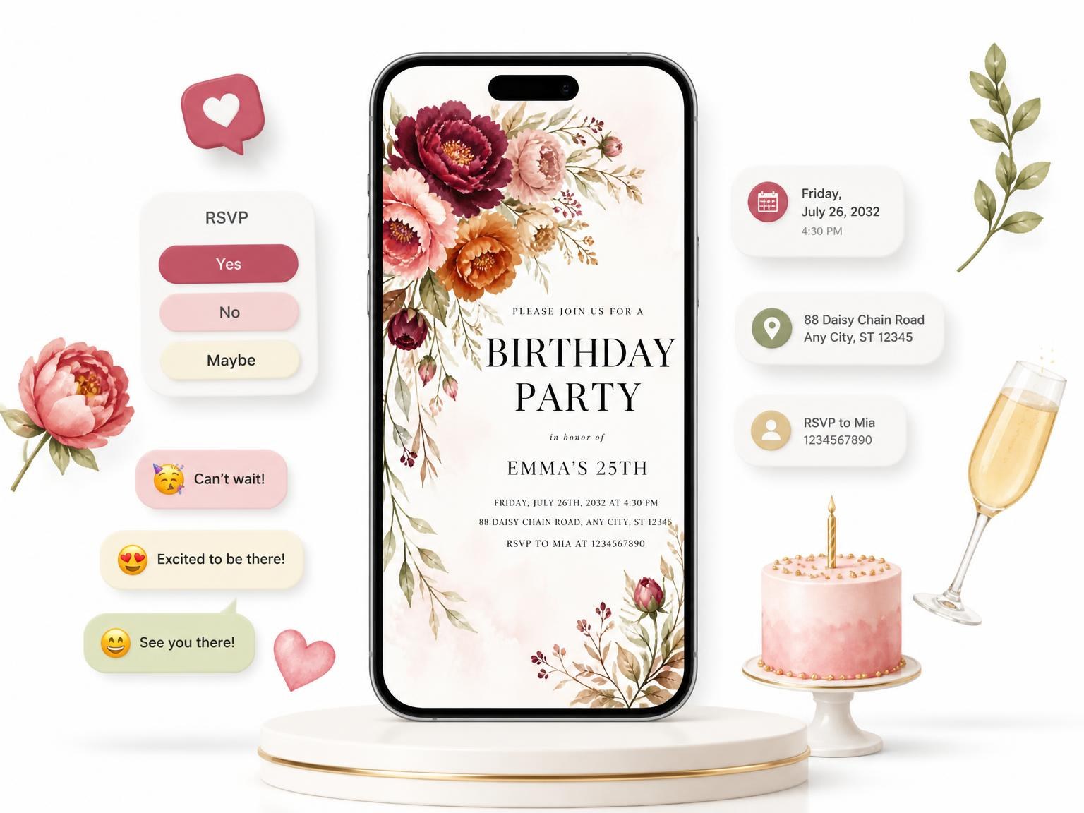 The Foliage Sprig Autumn 25th Birthday Invitation invitation on a phone, with guest RSVPs arriving around it