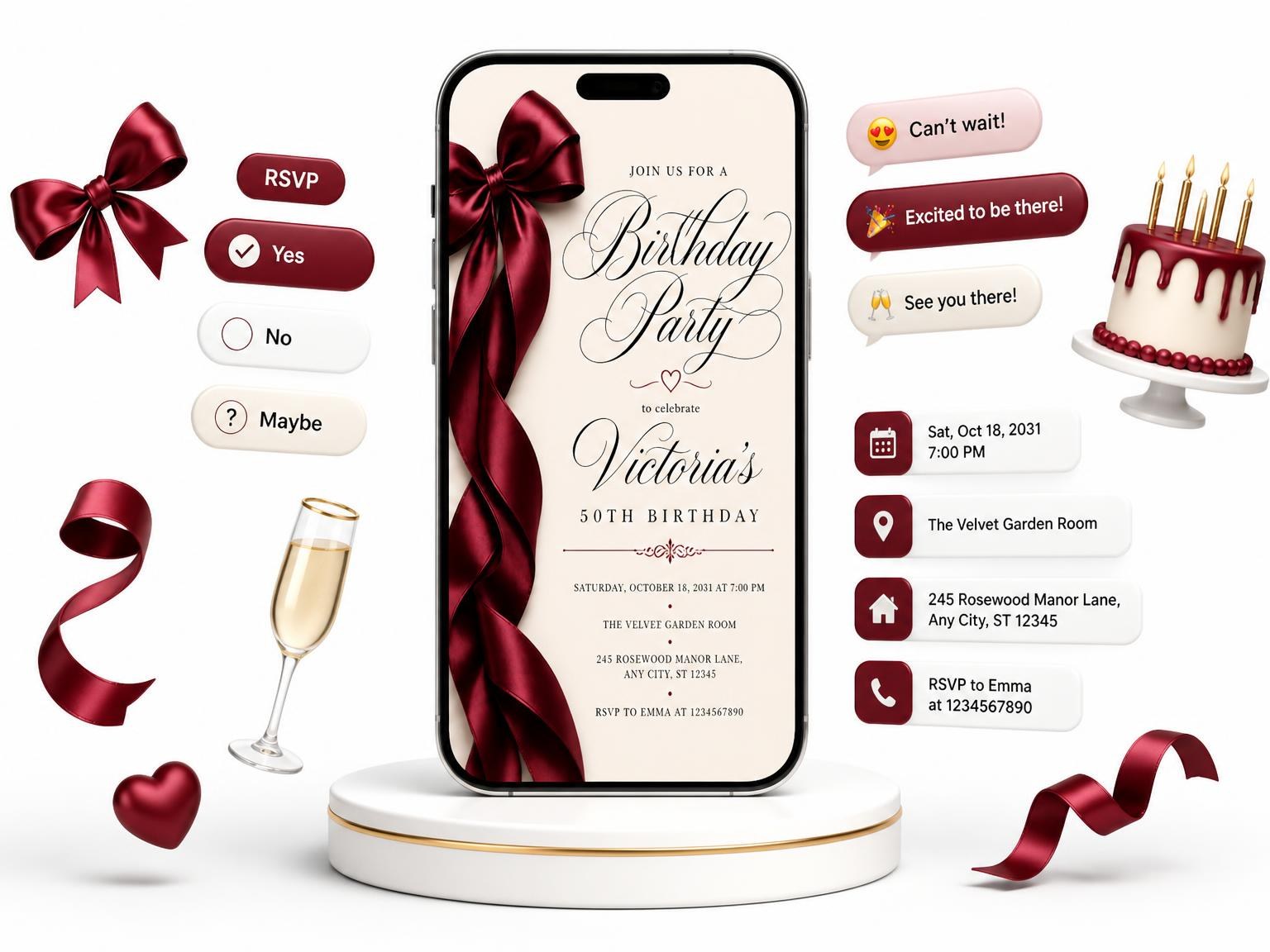 The Burgundy Satin Bow 50th Birthday Invitation invitation on a phone, with guest RSVPs arriving around it