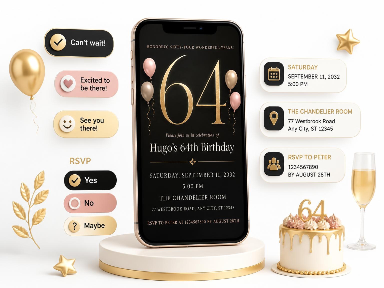 The Charcoal and Blush 64th Birthday Invitation invitation on a phone, with guest RSVPs arriving around it