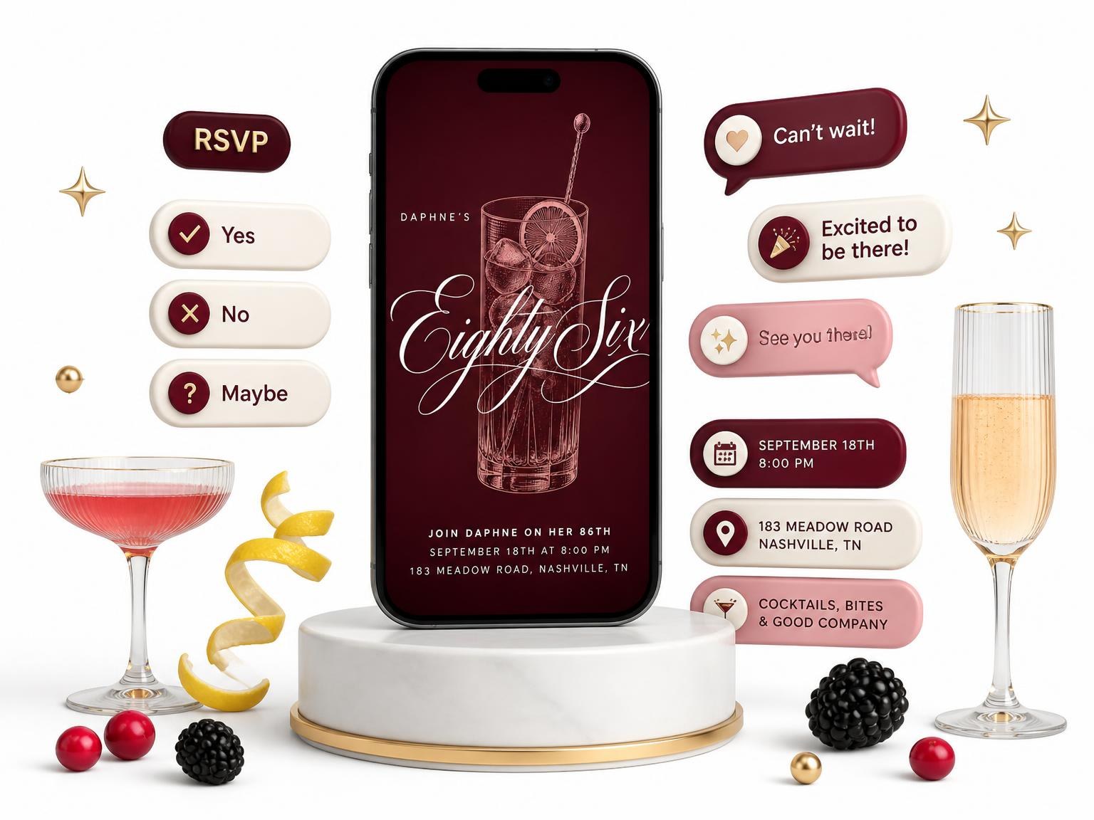 The Burgundy Cocktail 86th Birthday Invitation invitation on a phone, with guest RSVPs arriving around it