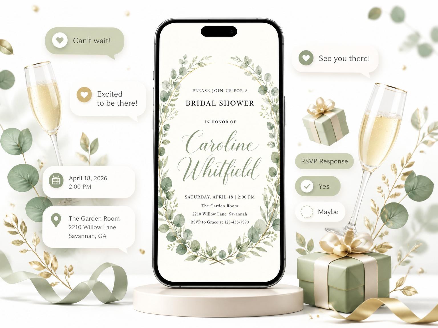 The Watercolor Eucalyptus Wreath Bridal Shower invitation on a phone, with guest RSVPs arriving around it