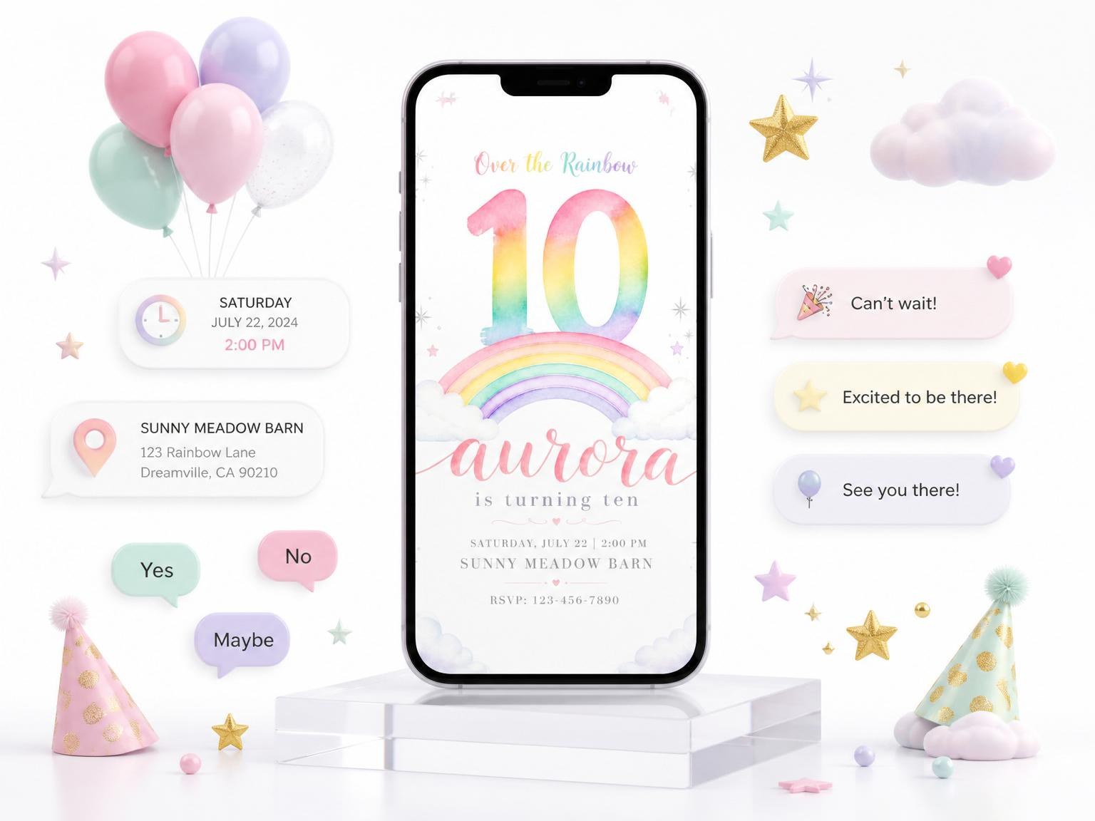 The Watercolor Rainbow 10th Birthday Invitation invitation on a phone, with guest RSVPs arriving around it