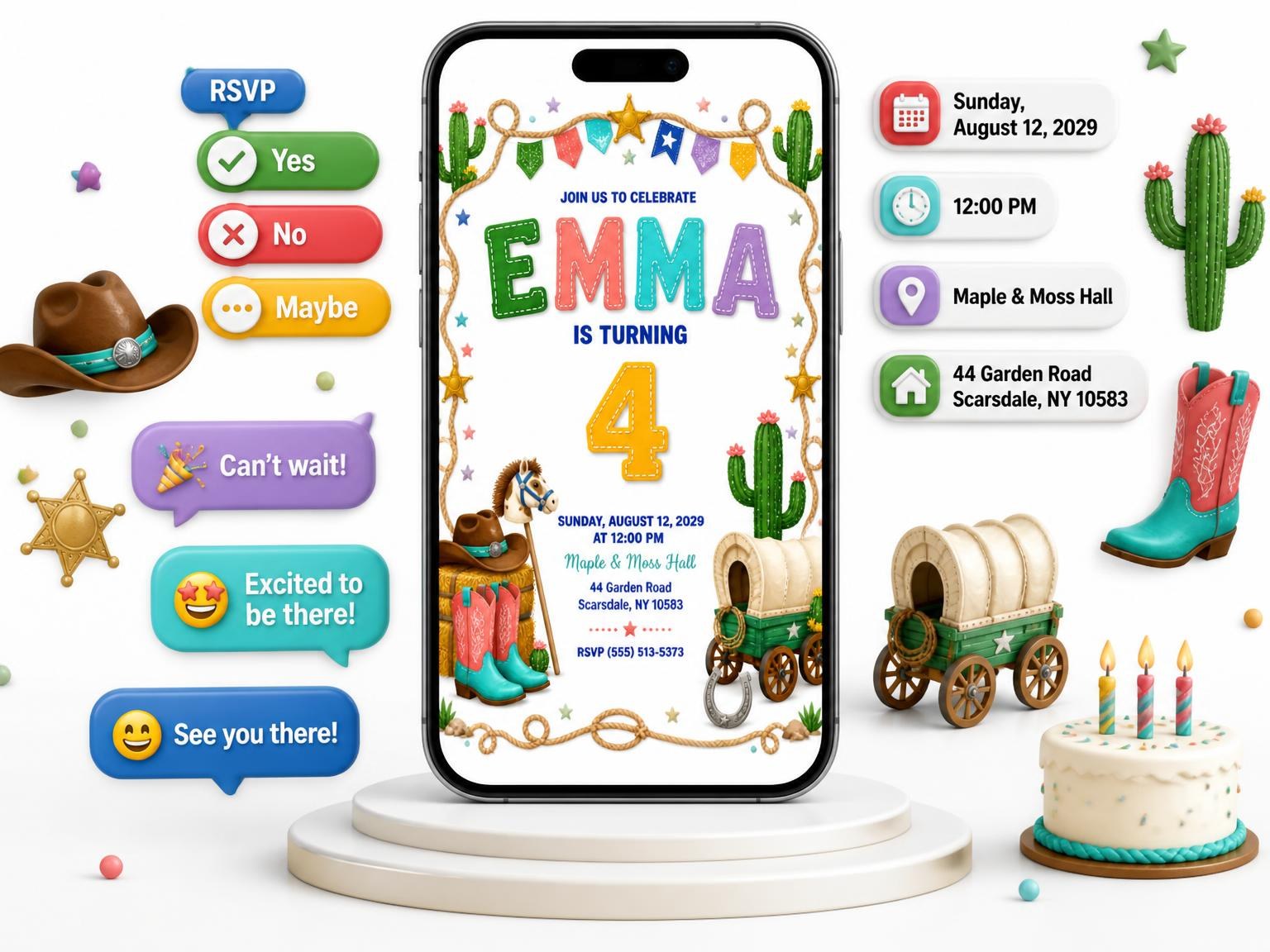 The Stitched Cowboy 4th Birthday Invitation invitation on a phone, with guest RSVPs arriving around it