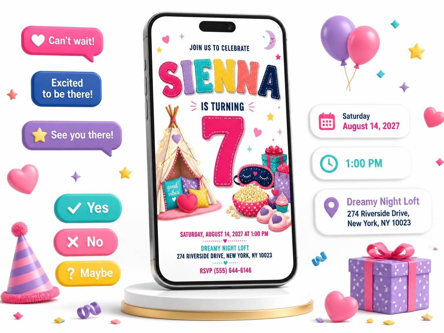 The Sleepover Supplies 7th Birthday Invitation invitation on a phone, with guest RSVPs arriving around it