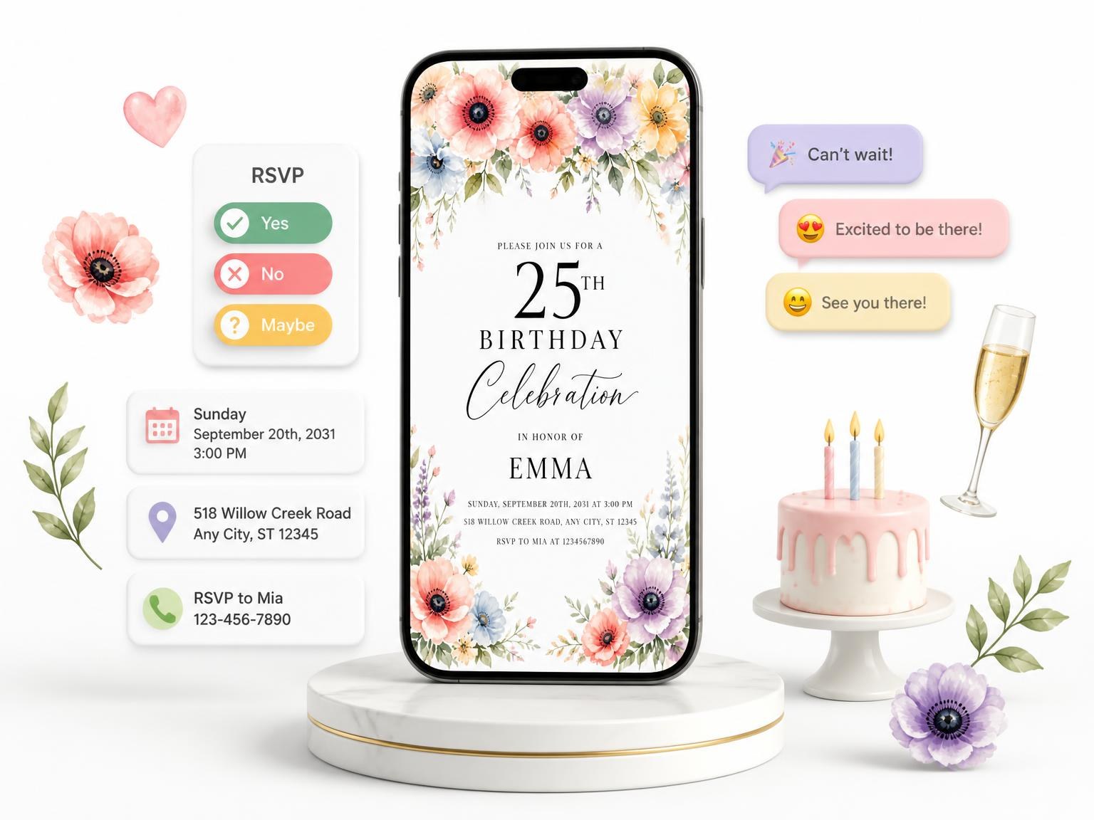 The Pastel Anemone Bouquet 25th Birthday Invitation invitation on a phone, with guest RSVPs arriving around it