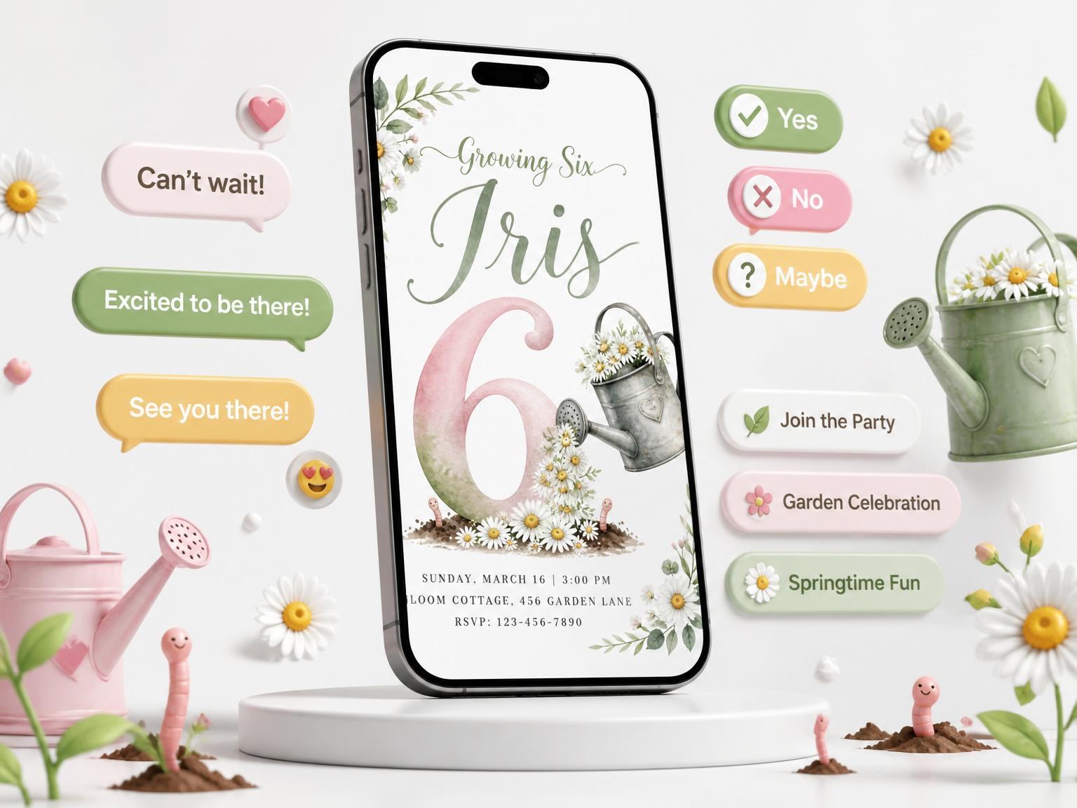 The Watercolor Daisy Garden 6th Birthday invitation on a phone, with guest RSVPs arriving around it